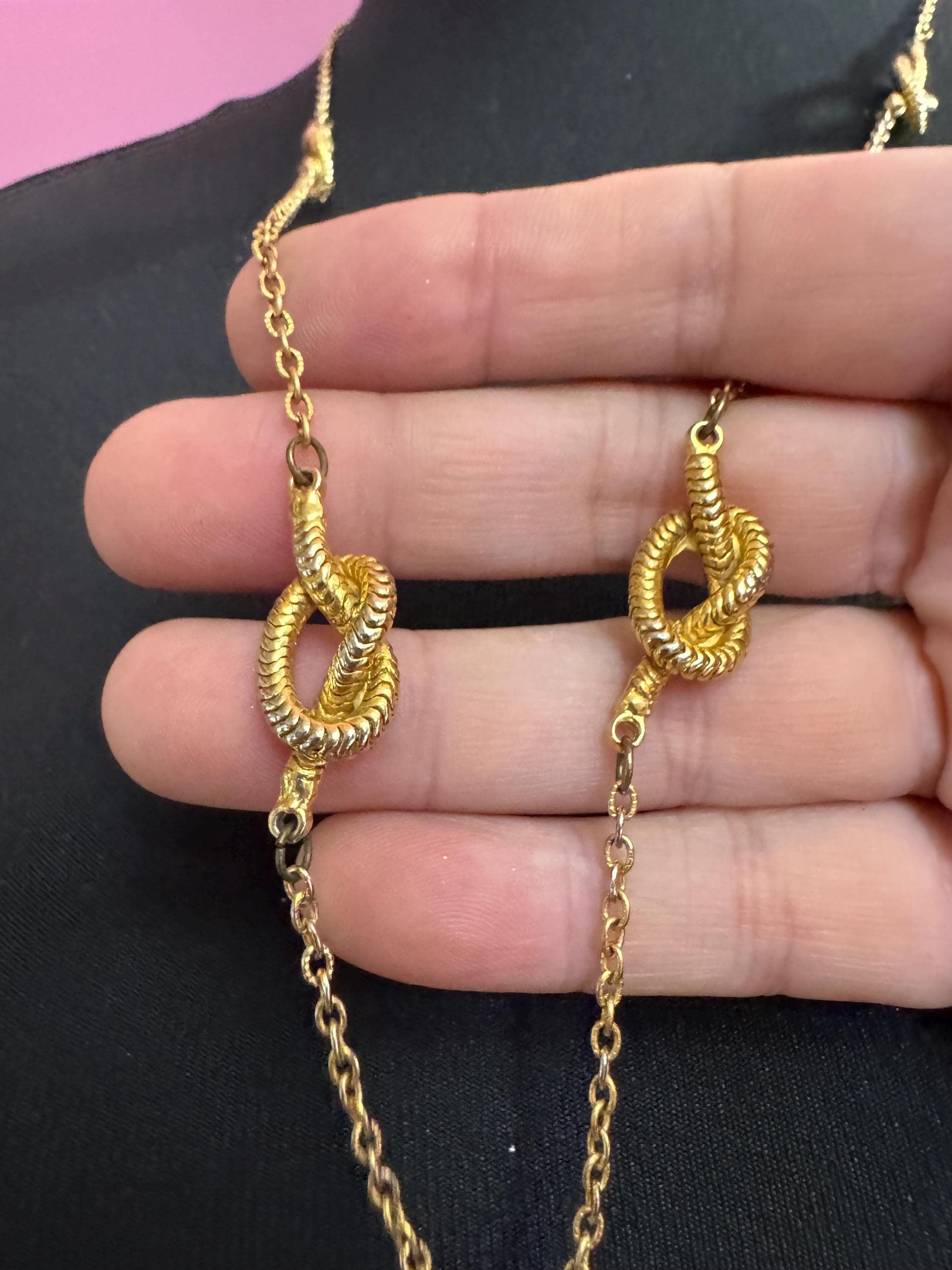 77cm long vintage nautical style gold tone fancy reef knot chain link long necklace
