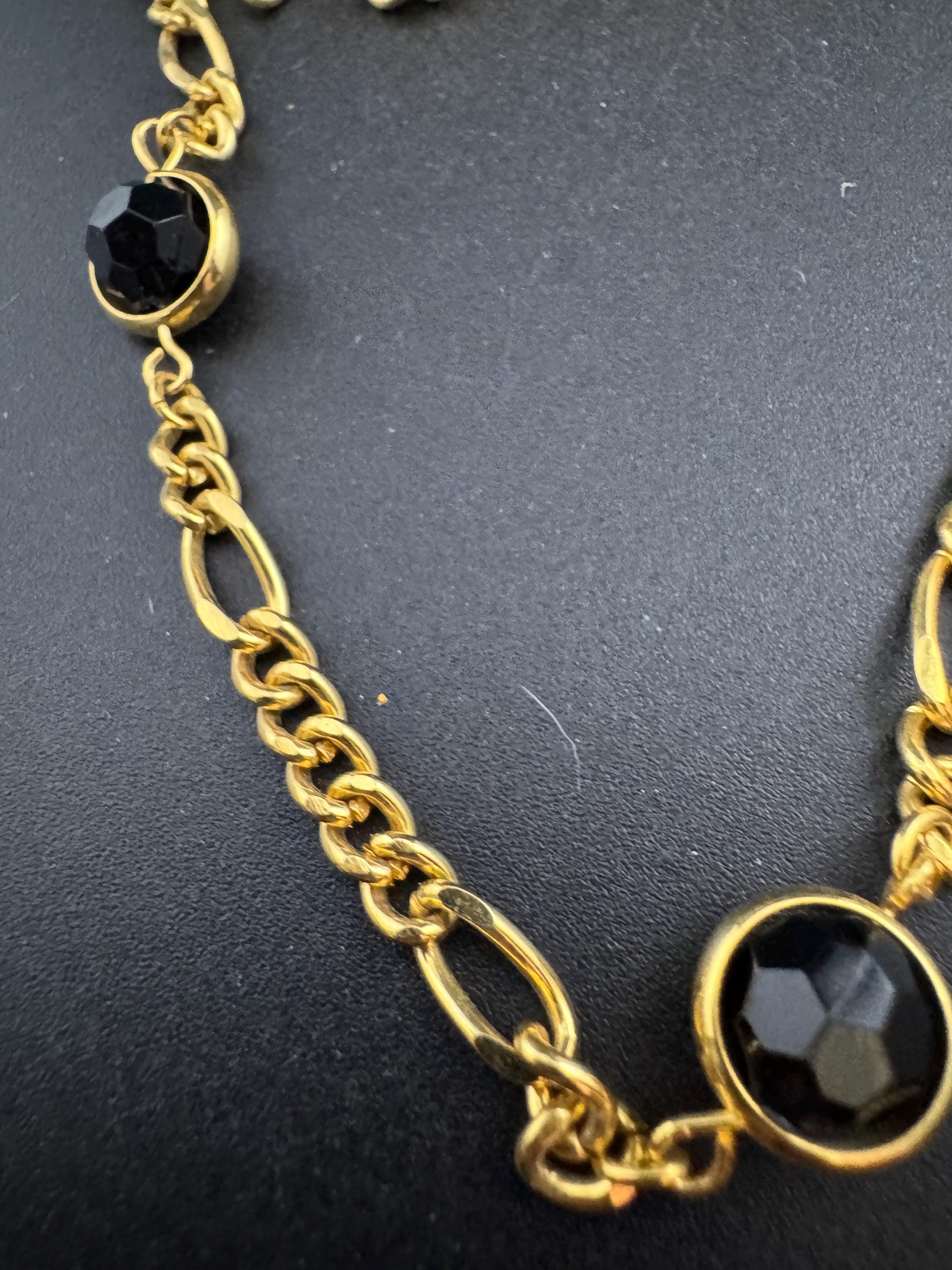Retro Rivière bezel set black acrylic faceted  vintage gold tone chain necklace 106cm long length