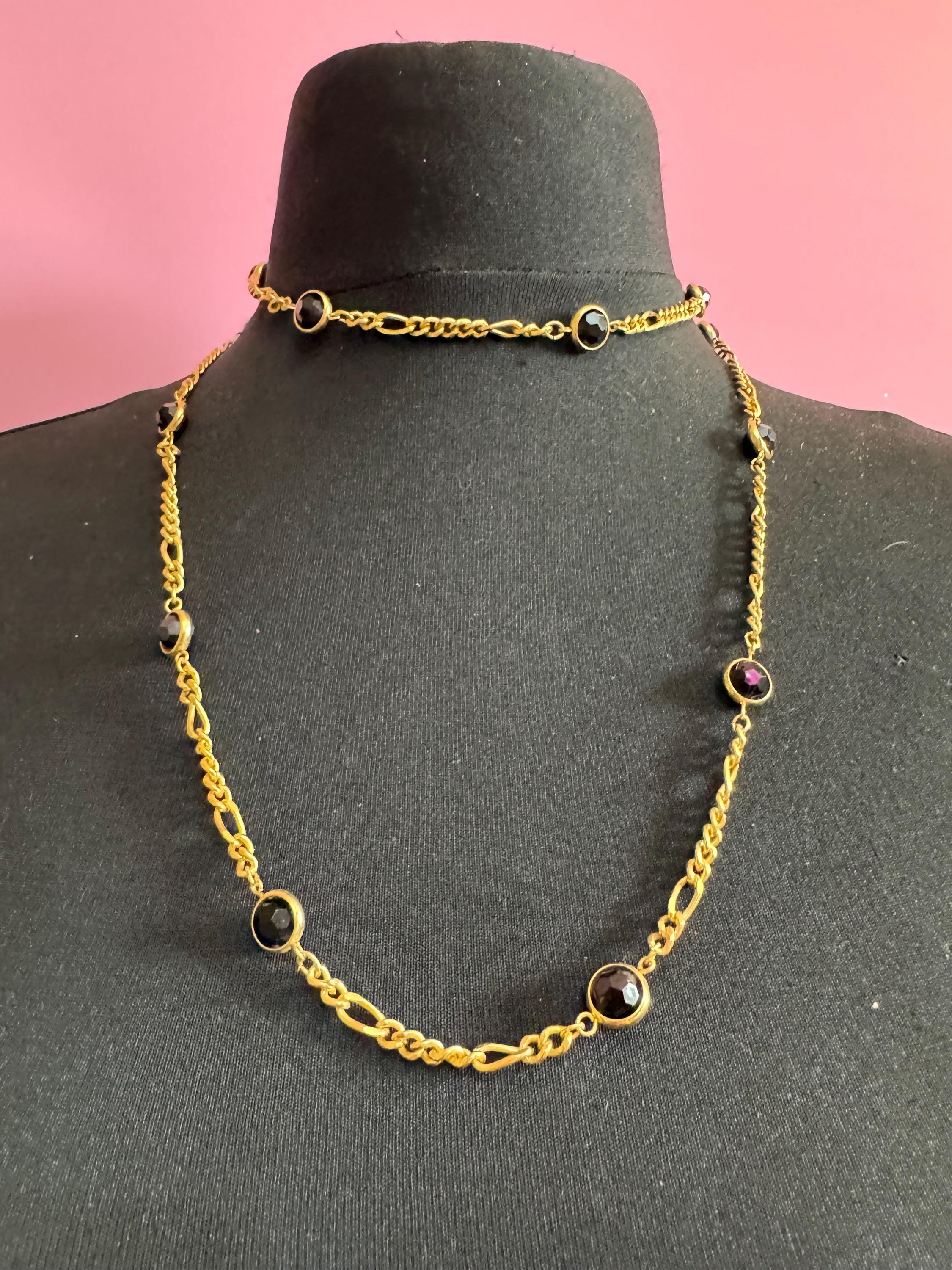 Retro Rivière bezel set black acrylic faceted  vintage gold tone chain necklace 106cm long length
