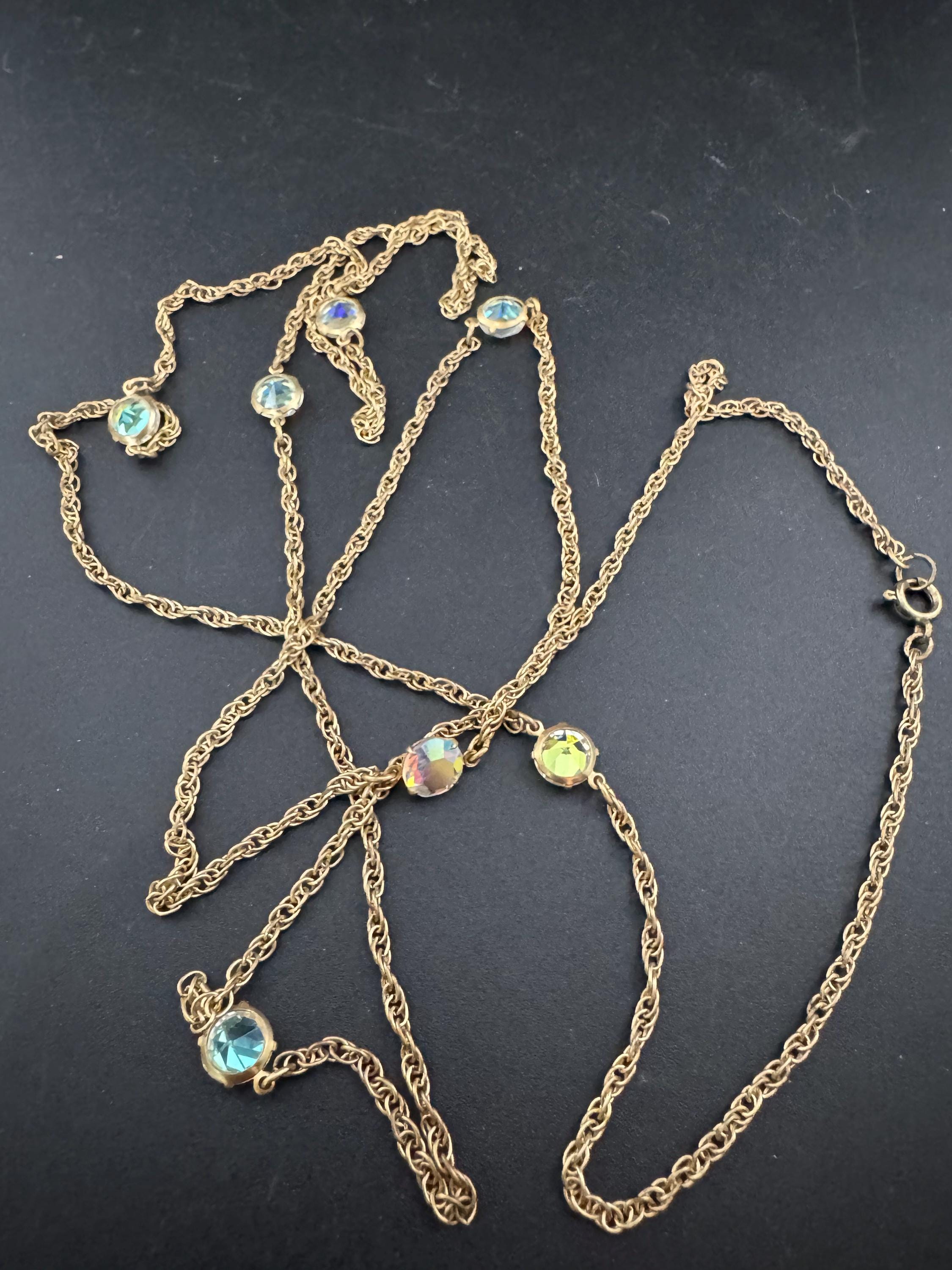 Aurora Borealis Glass Station Necklace: Vintage Gold Tone Rivière, 120cm