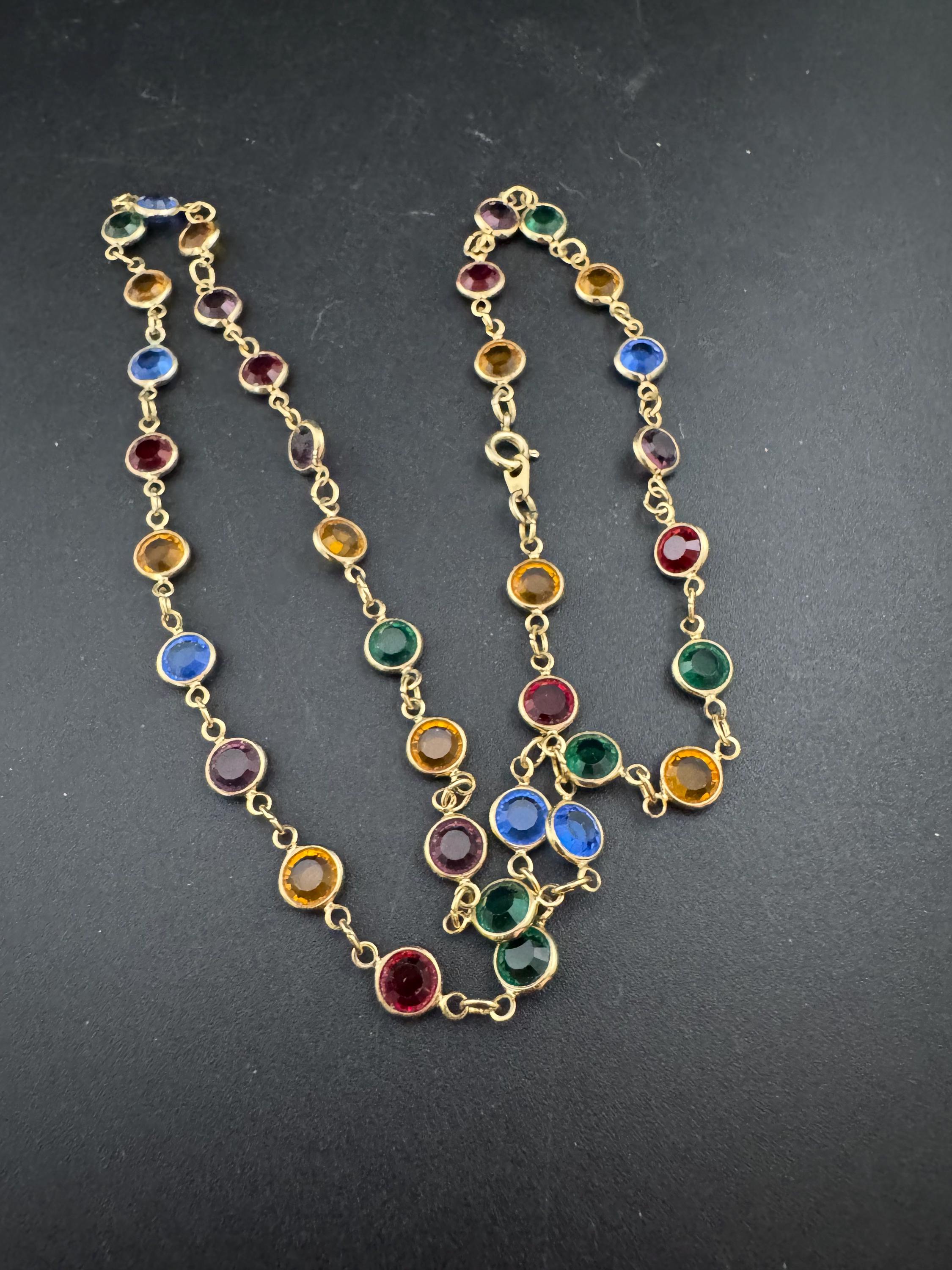 Dainty fine vintage multi coloured crystal glass Rivière bezel gold plated necklace, 53cm