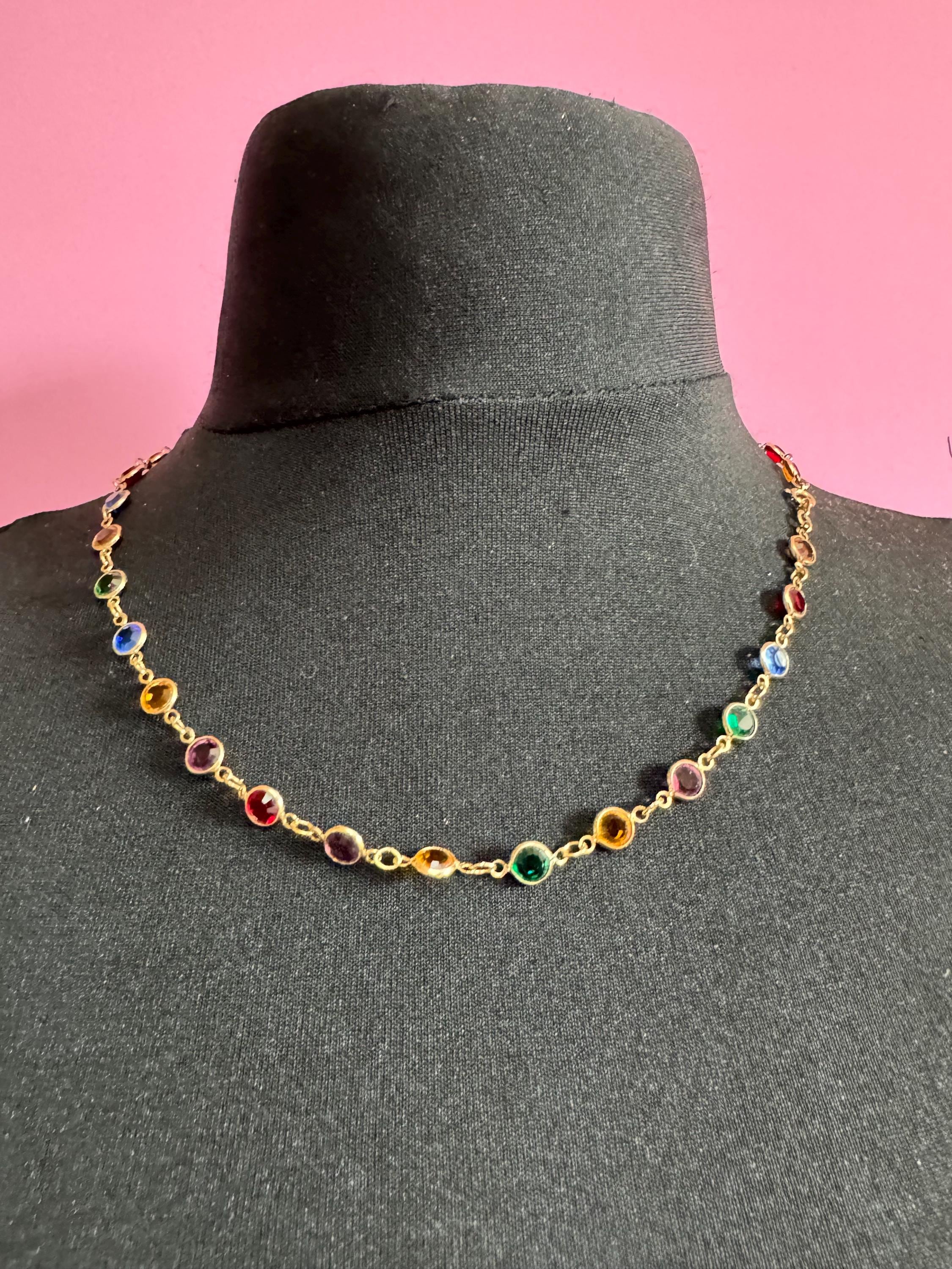 Dainty fine vintage multi coloured crystal glass Rivière bezel gold plated necklace, 53cm