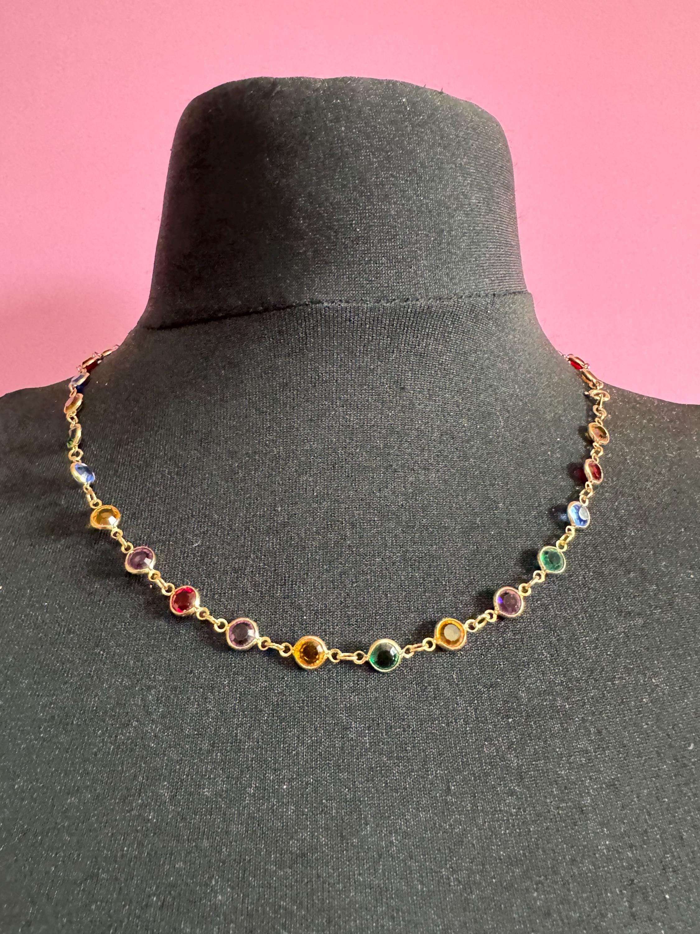 Dainty fine vintage multi coloured crystal glass Rivière bezel gold plated necklace, 53cm