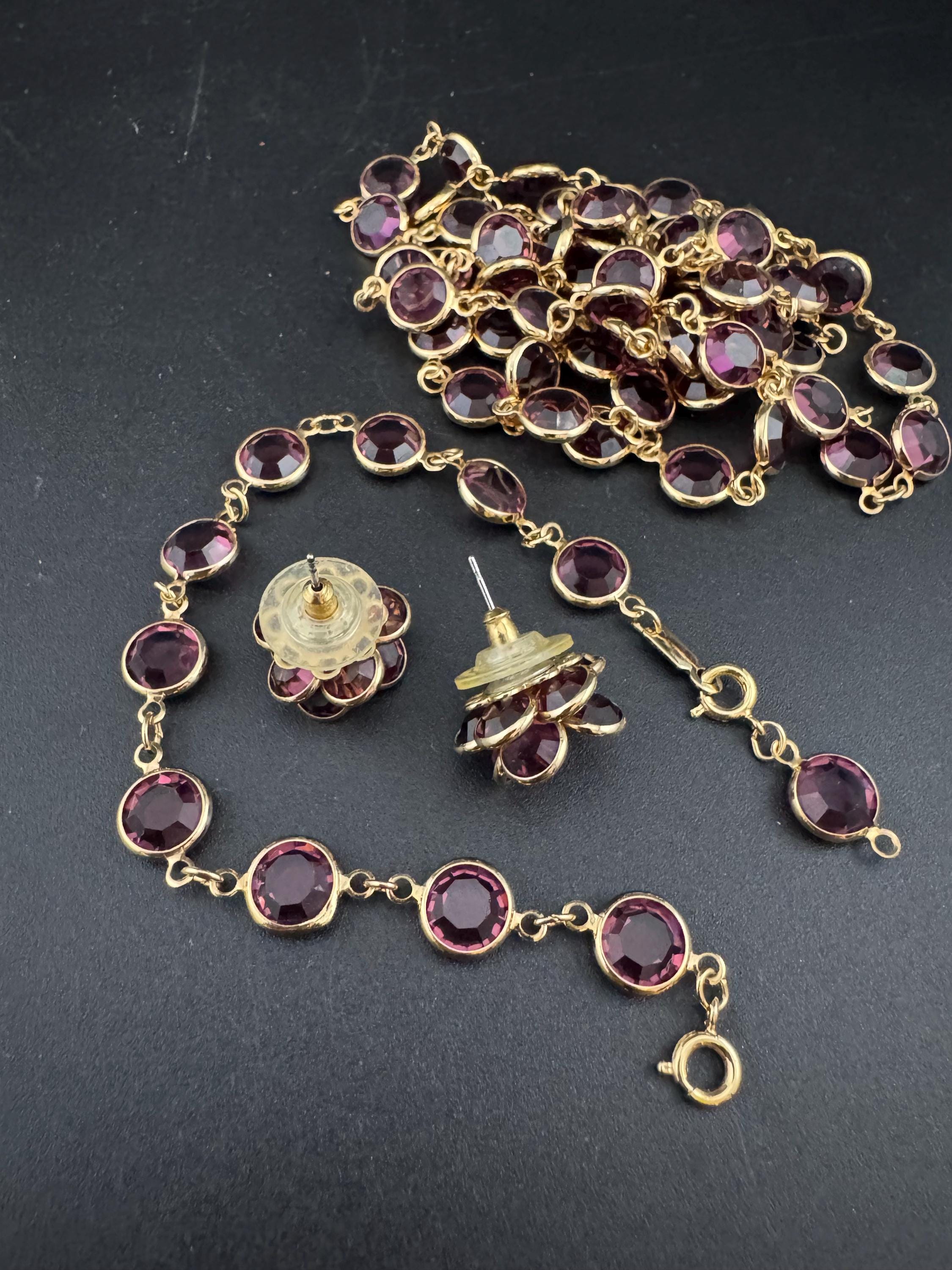 Vintage Purple Crystal Rivière Necklace, Earrings & Bracelet Set - Gold Plated