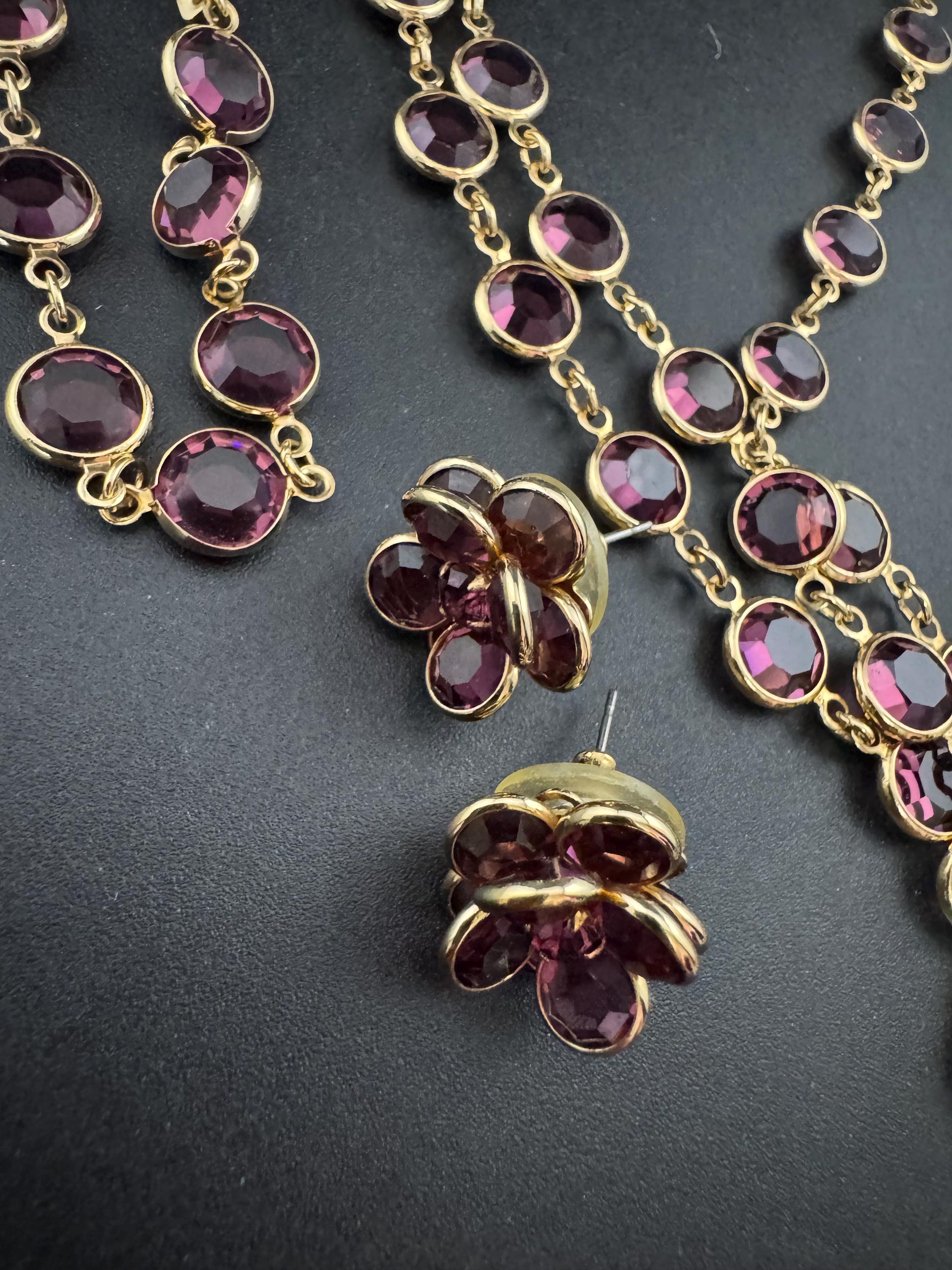 Vintage Purple Crystal Rivière Necklace, Earrings & Bracelet Set - Gold Plated