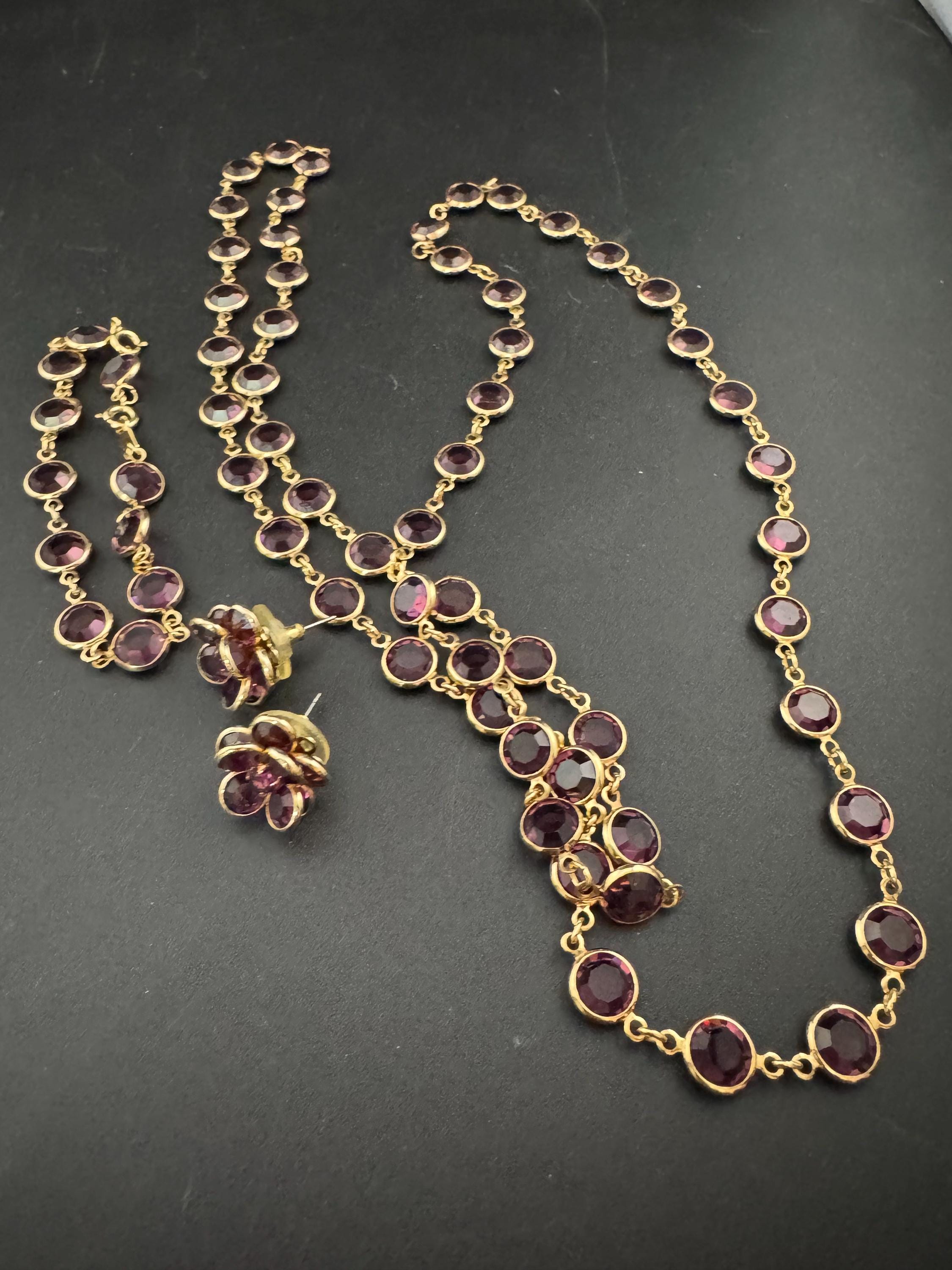 Vintage Purple Crystal Rivière Necklace, Earrings & Bracelet Set - Gold Plated