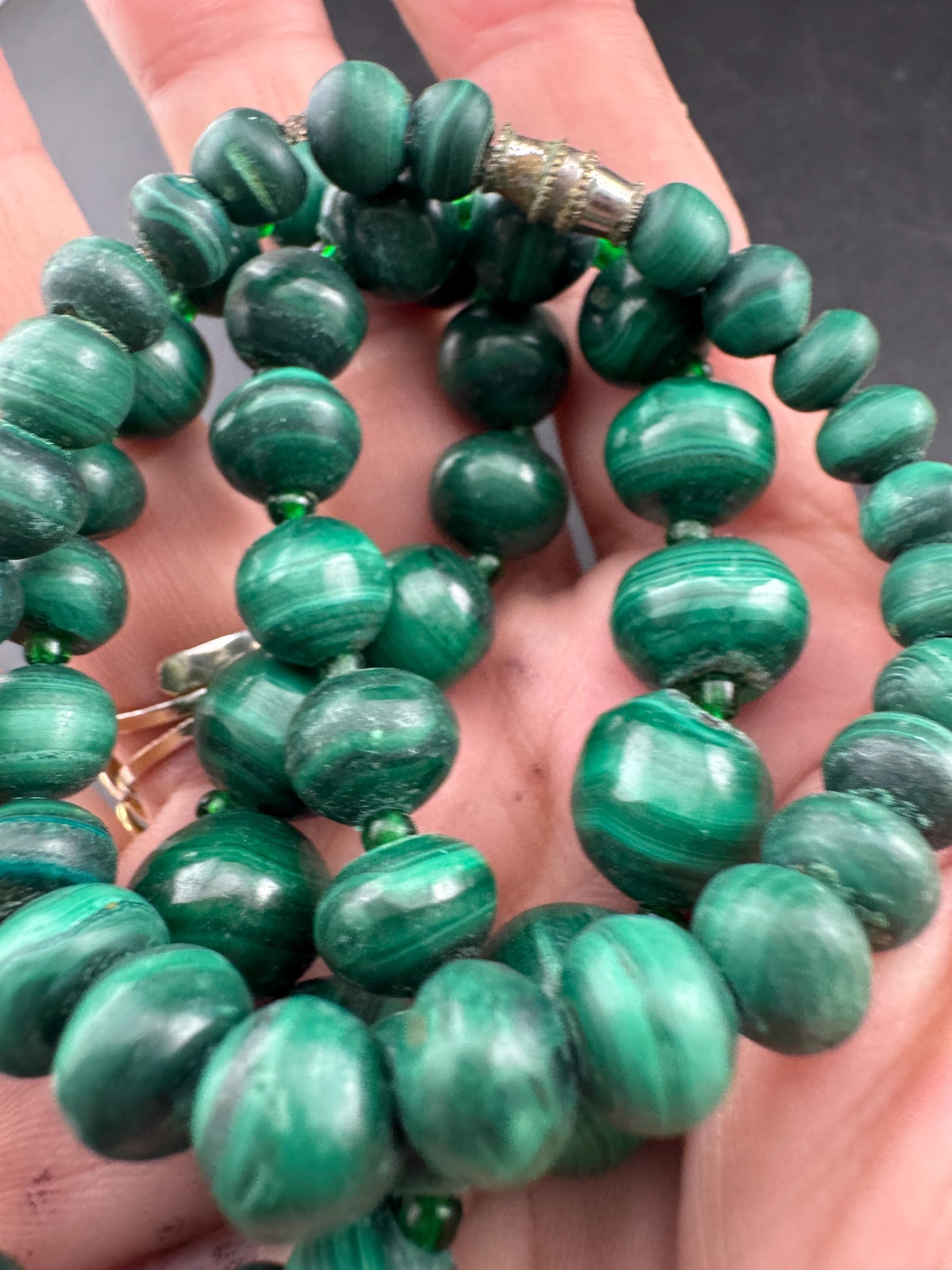 Vintage Green Malachite long Beaded Necklace natural gemstone beads 52cm