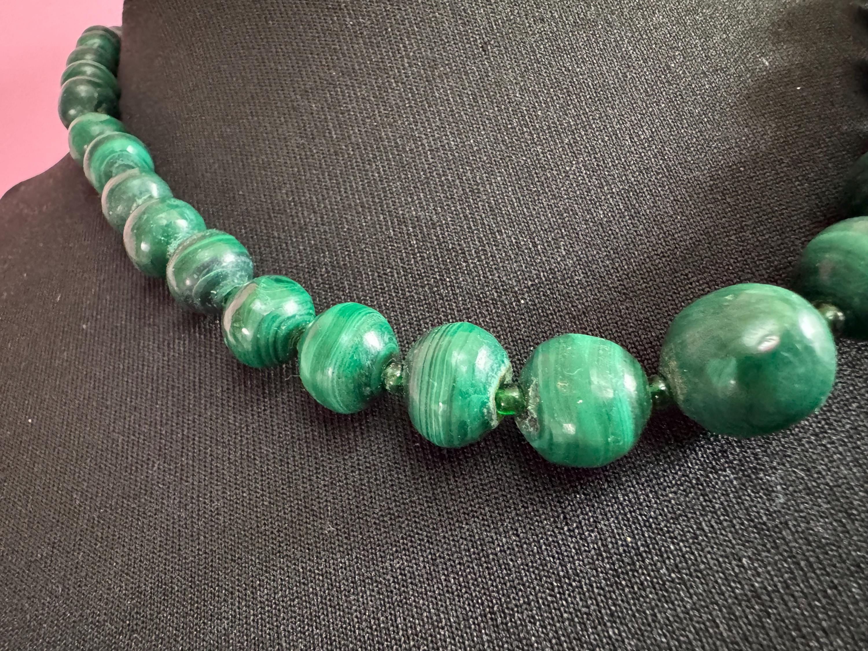 Vintage Green Malachite long Beaded Necklace natural gemstone beads 52cm