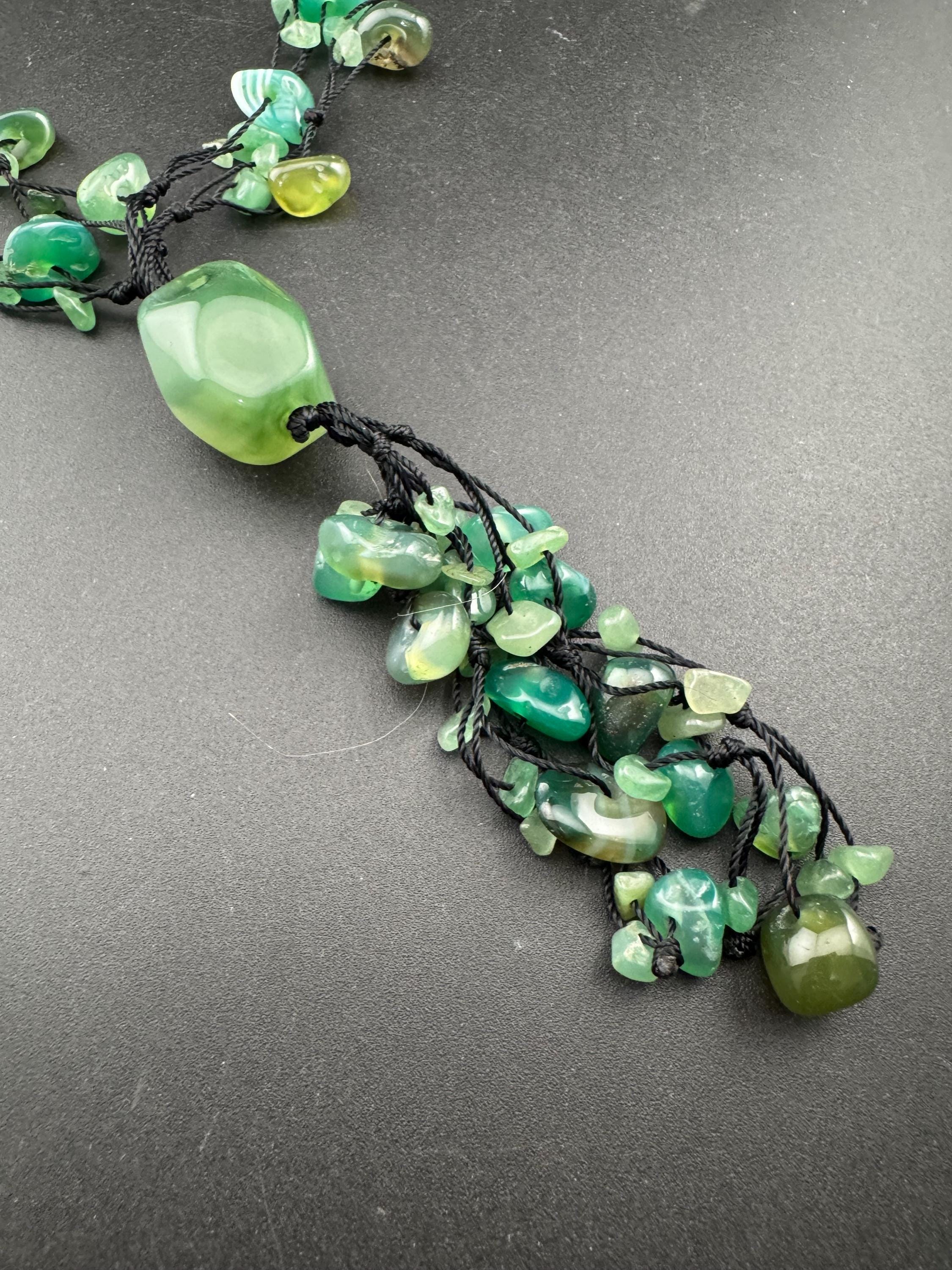 Vintage Green adventurine long Beaded woven tassel drop Necklace natural gemstone agate beads 74cm