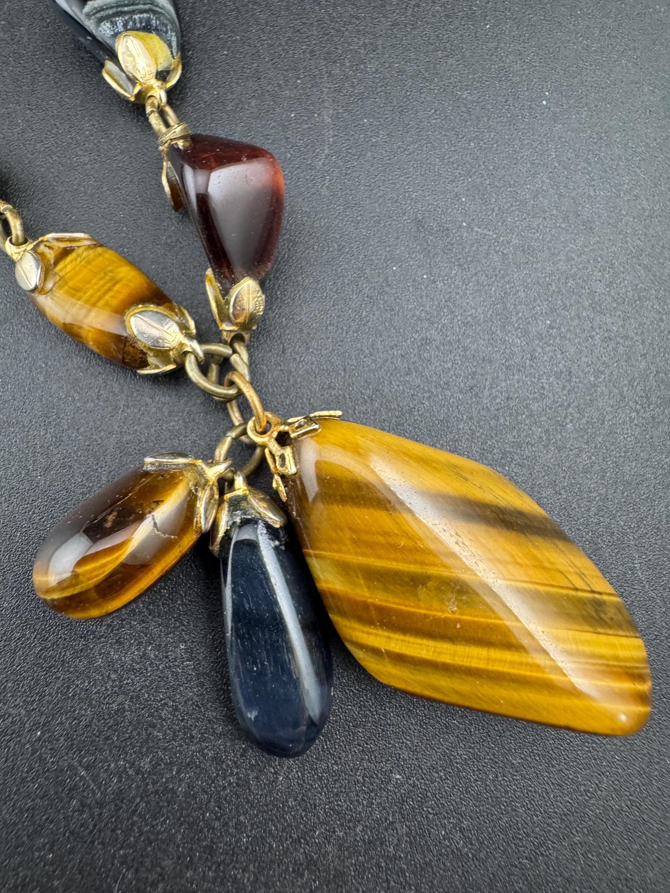 Vintage brown and red tigers eye long Beaded tassel drop Necklace natural gemstone agate beads 57cm