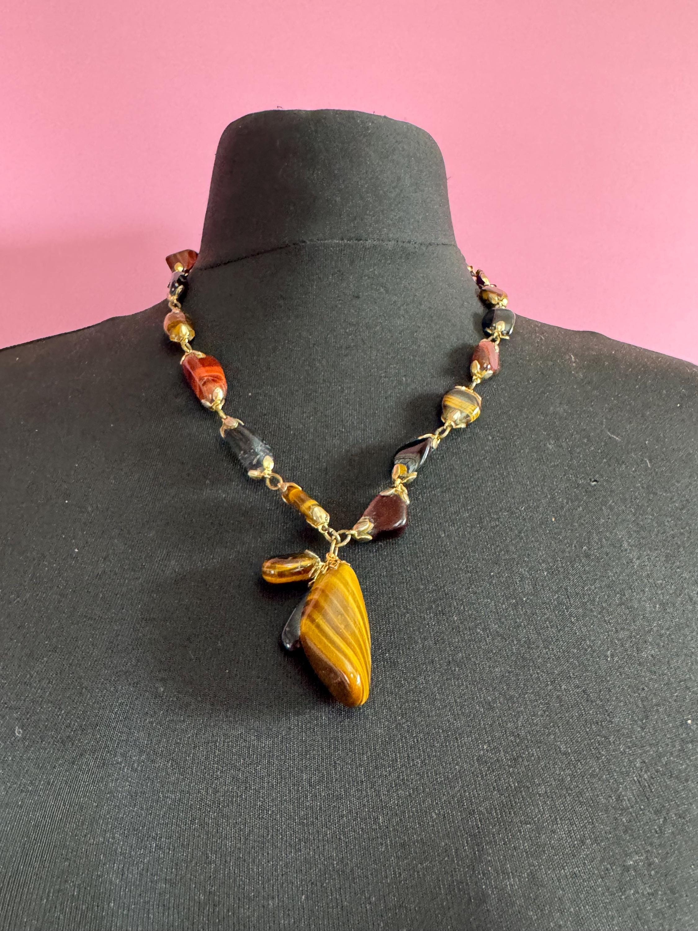 Vintage brown and red tigers eye long Beaded tassel drop Necklace natural gemstone agate beads 57cm