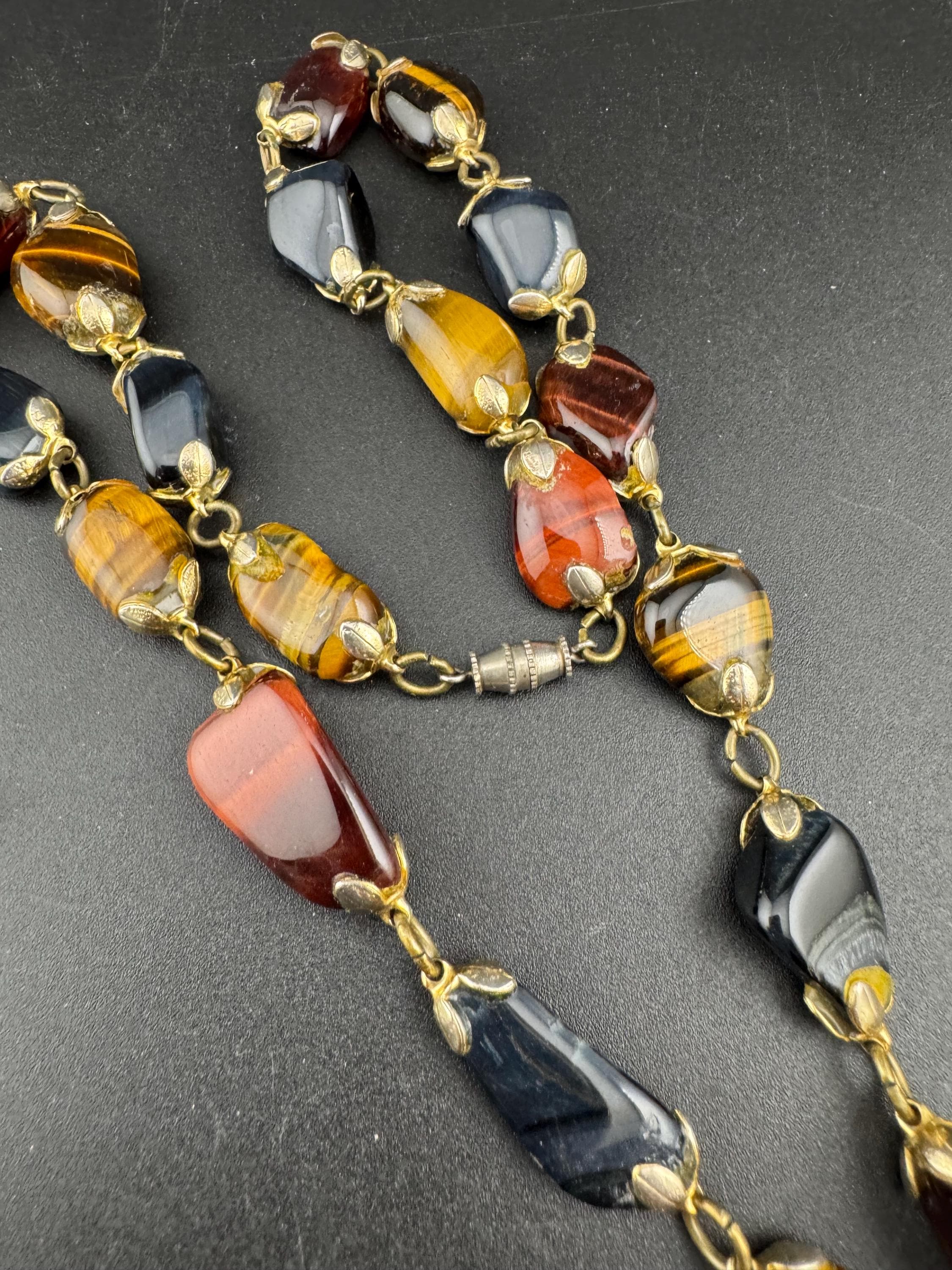 Vintage brown and red tigers eye long Beaded tassel drop Necklace natural gemstone agate beads 57cm