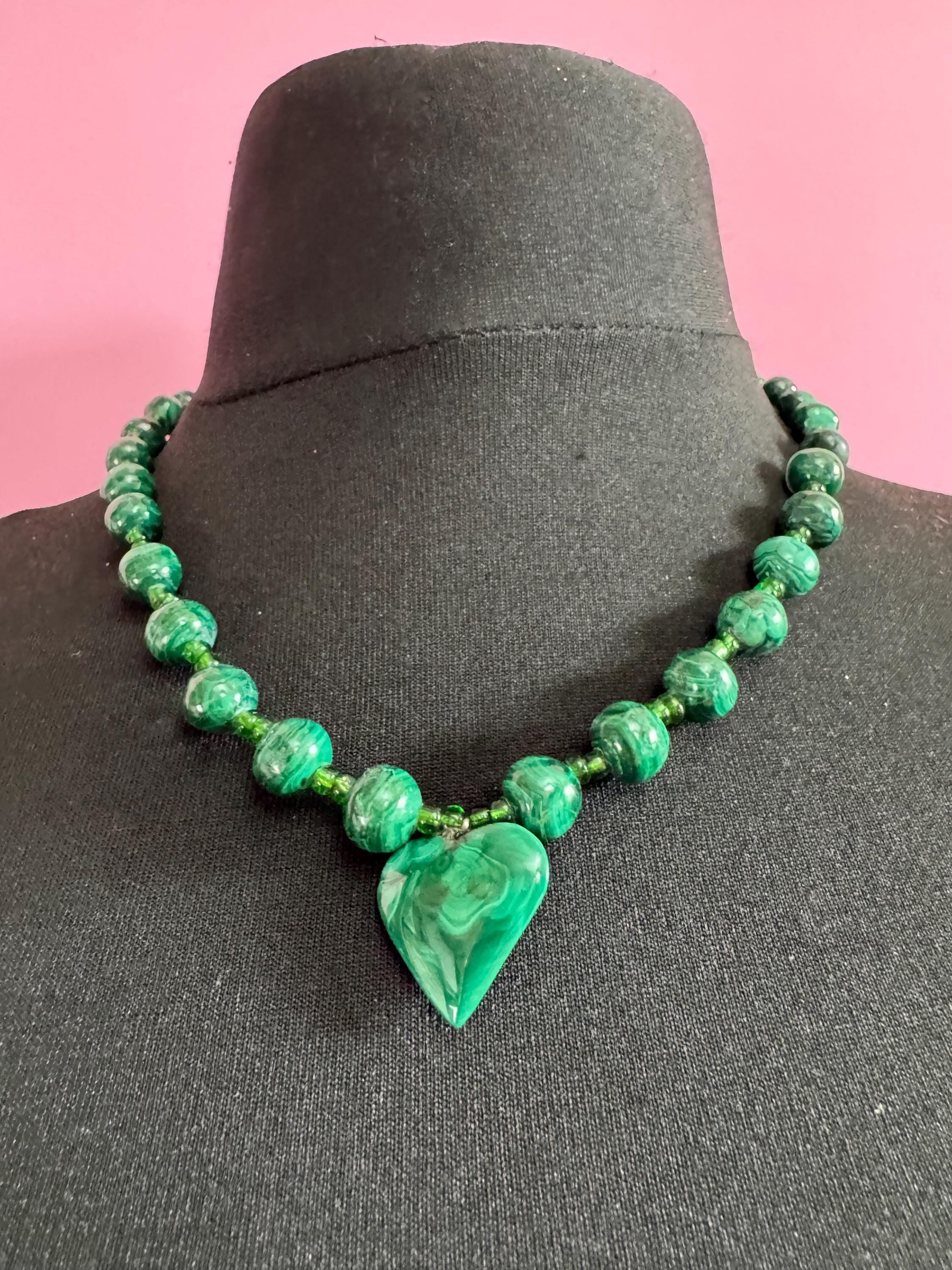 Vintage Green Malachite love heart  Beaded pendant necklace, natural gemstone beads 50cm