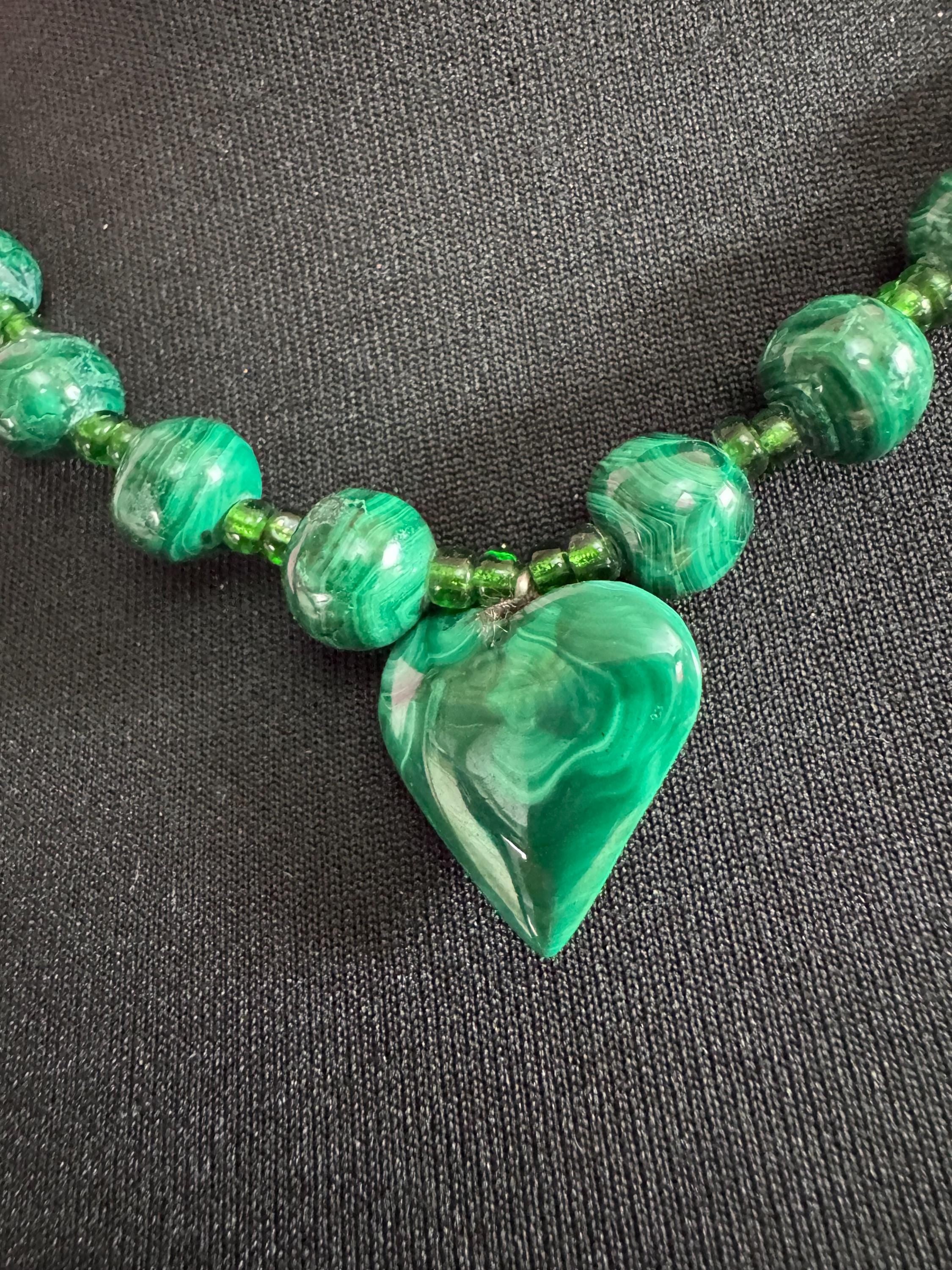 Vintage Green Malachite love heart  Beaded pendant necklace, natural gemstone beads 50cm