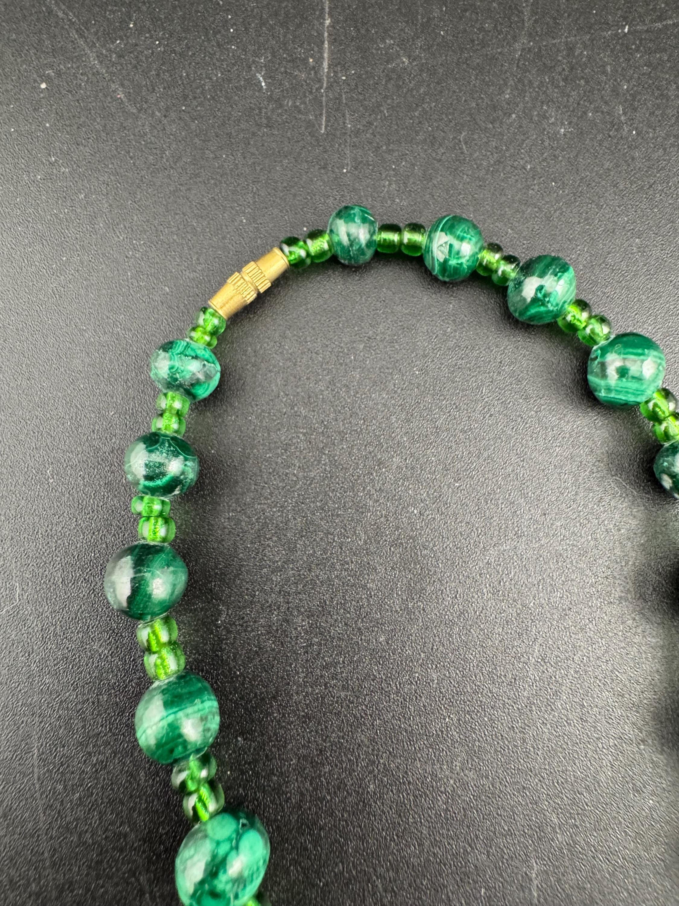 Vintage Green Malachite love heart  Beaded pendant necklace, natural gemstone beads 50cm