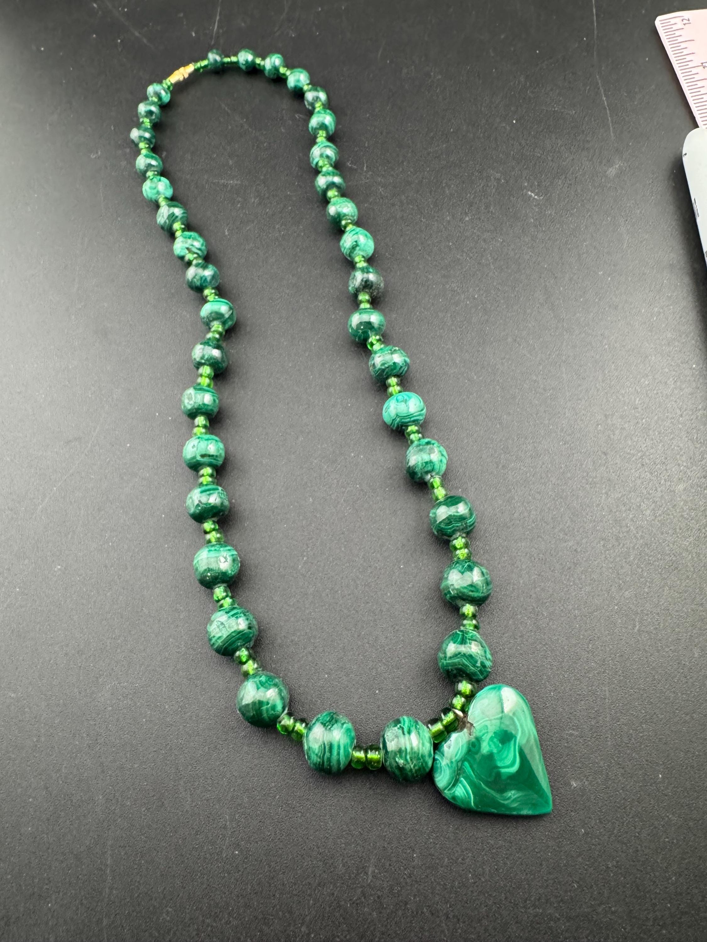 Vintage Green Malachite love heart  Beaded pendant necklace, natural gemstone beads 50cm