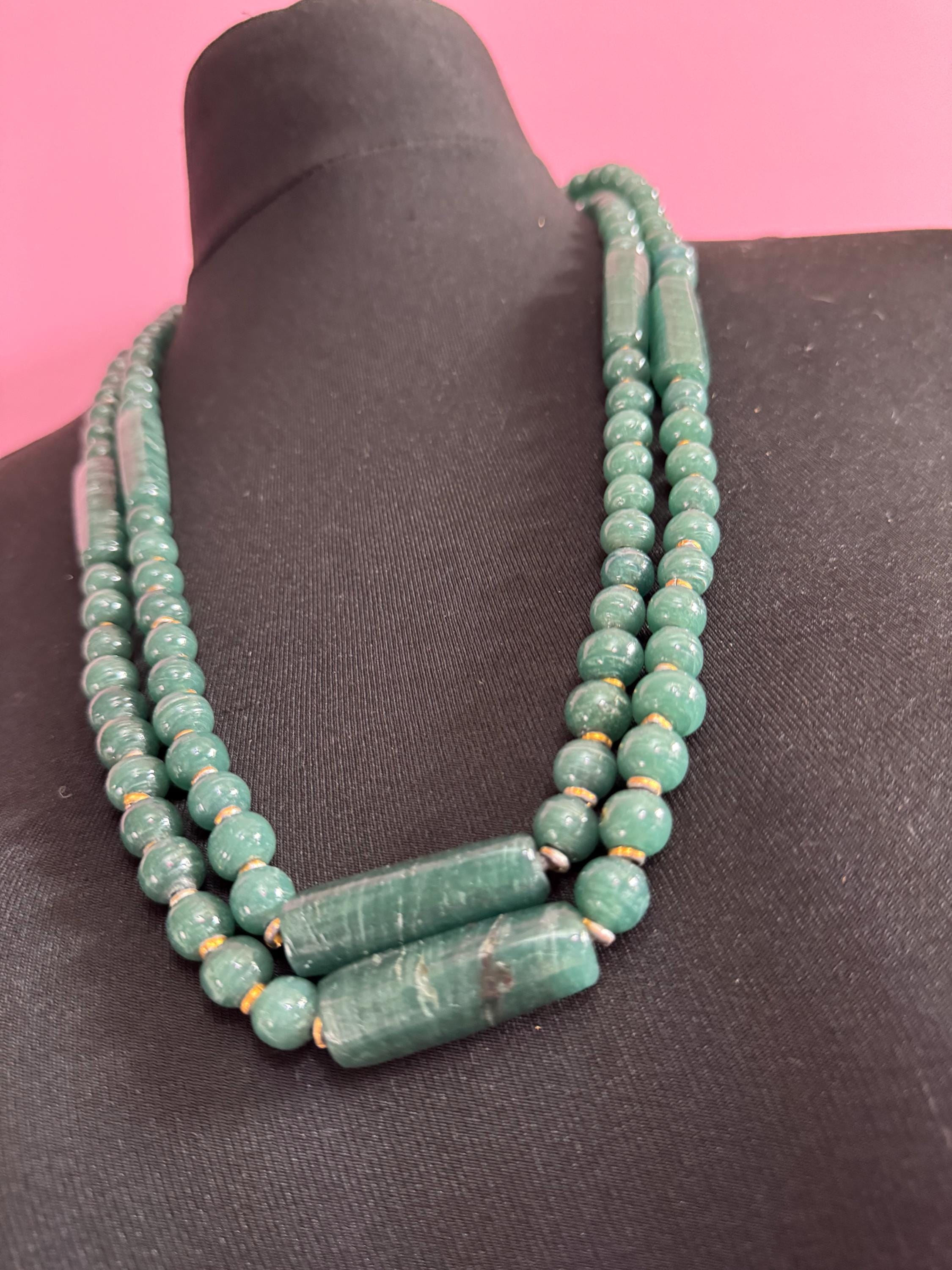 Vintage Green Jade agate very long Beaded necklace, natural gemstone beads, untested 150cm