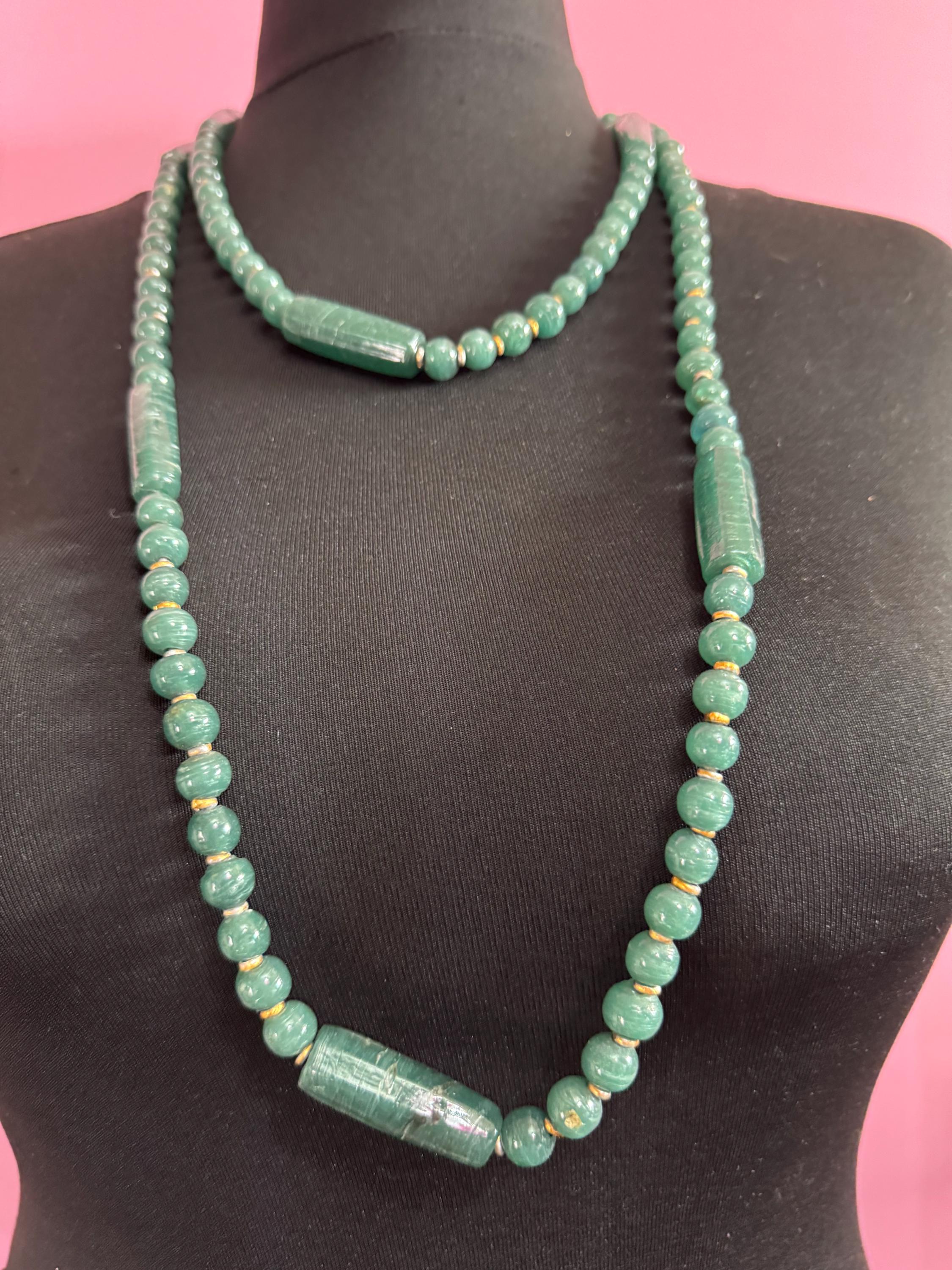 Vintage Green Jade agate very long Beaded necklace, natural gemstone beads, untested 150cm