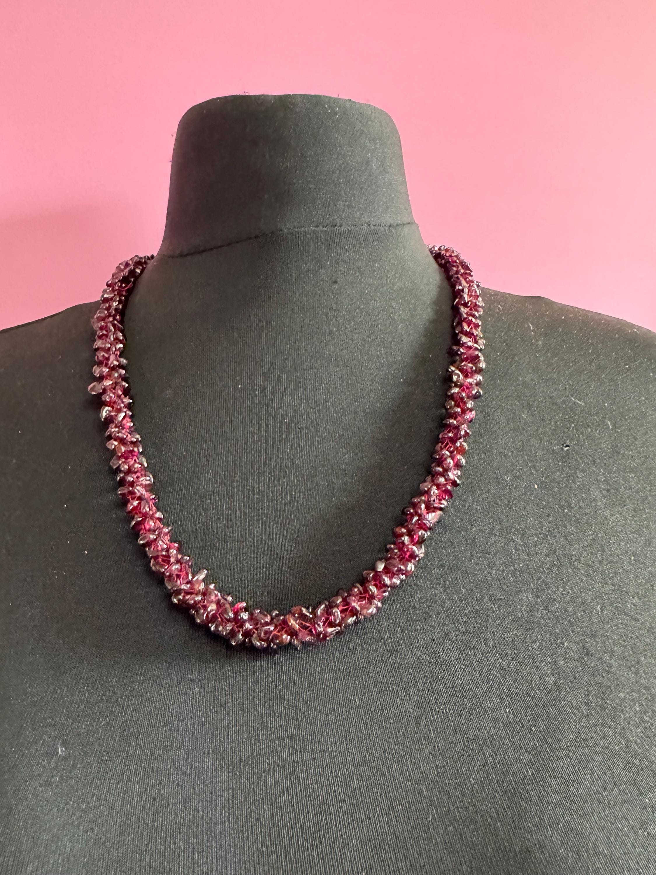 Antique Art Deco natural garnet red purple gemstone beaded necklace 64cm
