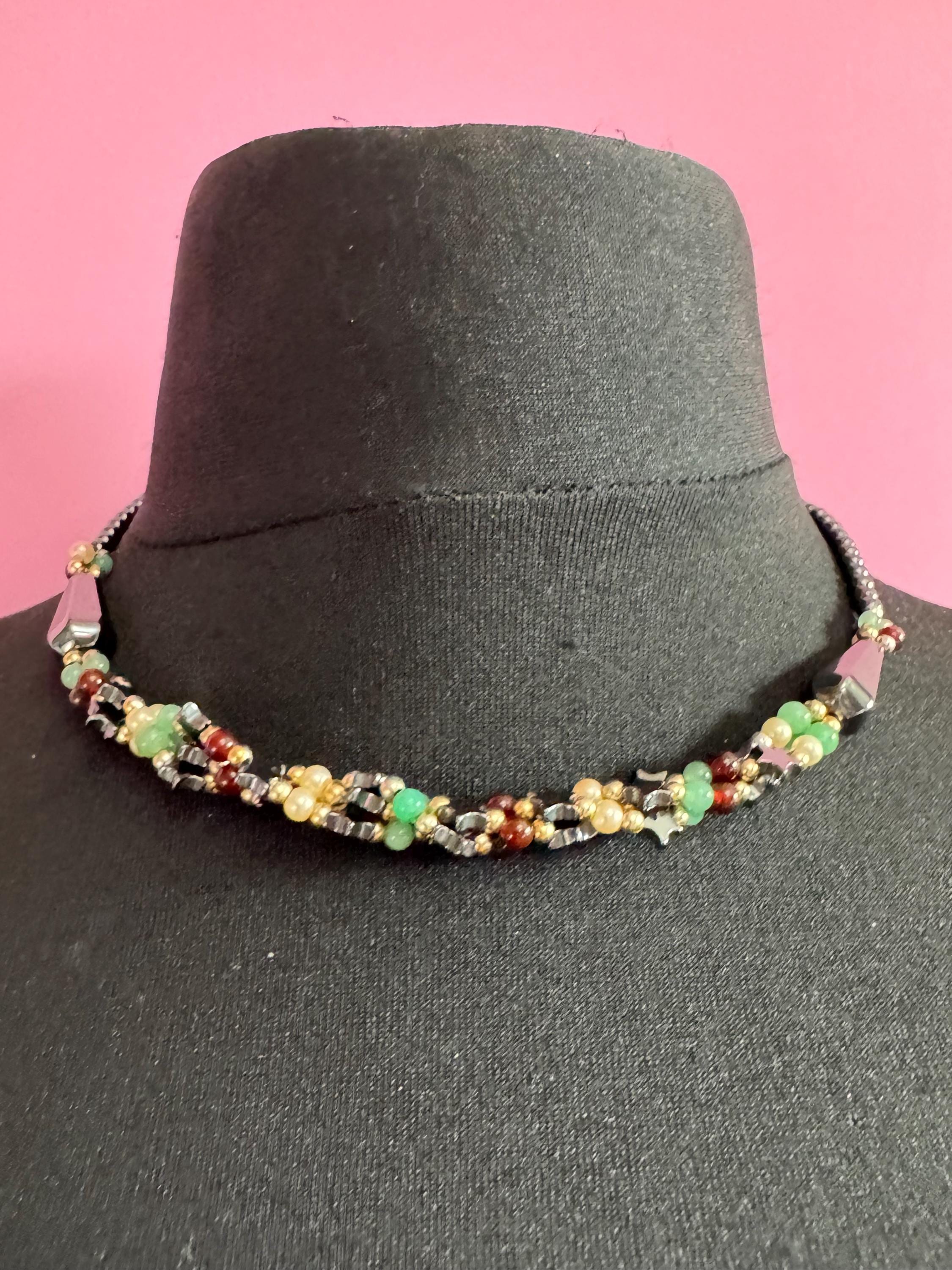 vintage mixed gemstone beaded necklace with Hematite garnet and adventurine green beads
