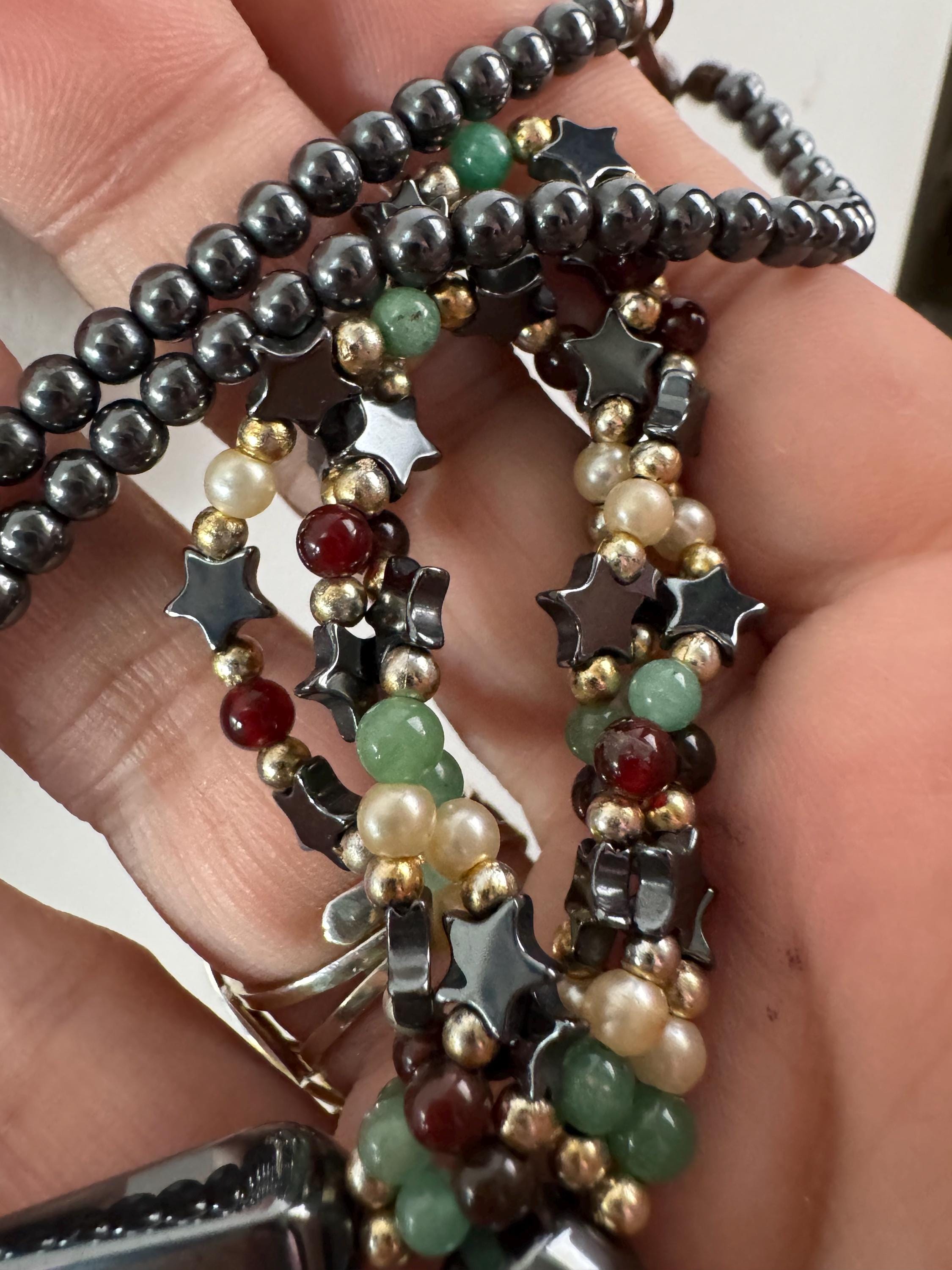 vintage mixed gemstone beaded necklace with Hematite garnet and adventurine green beads