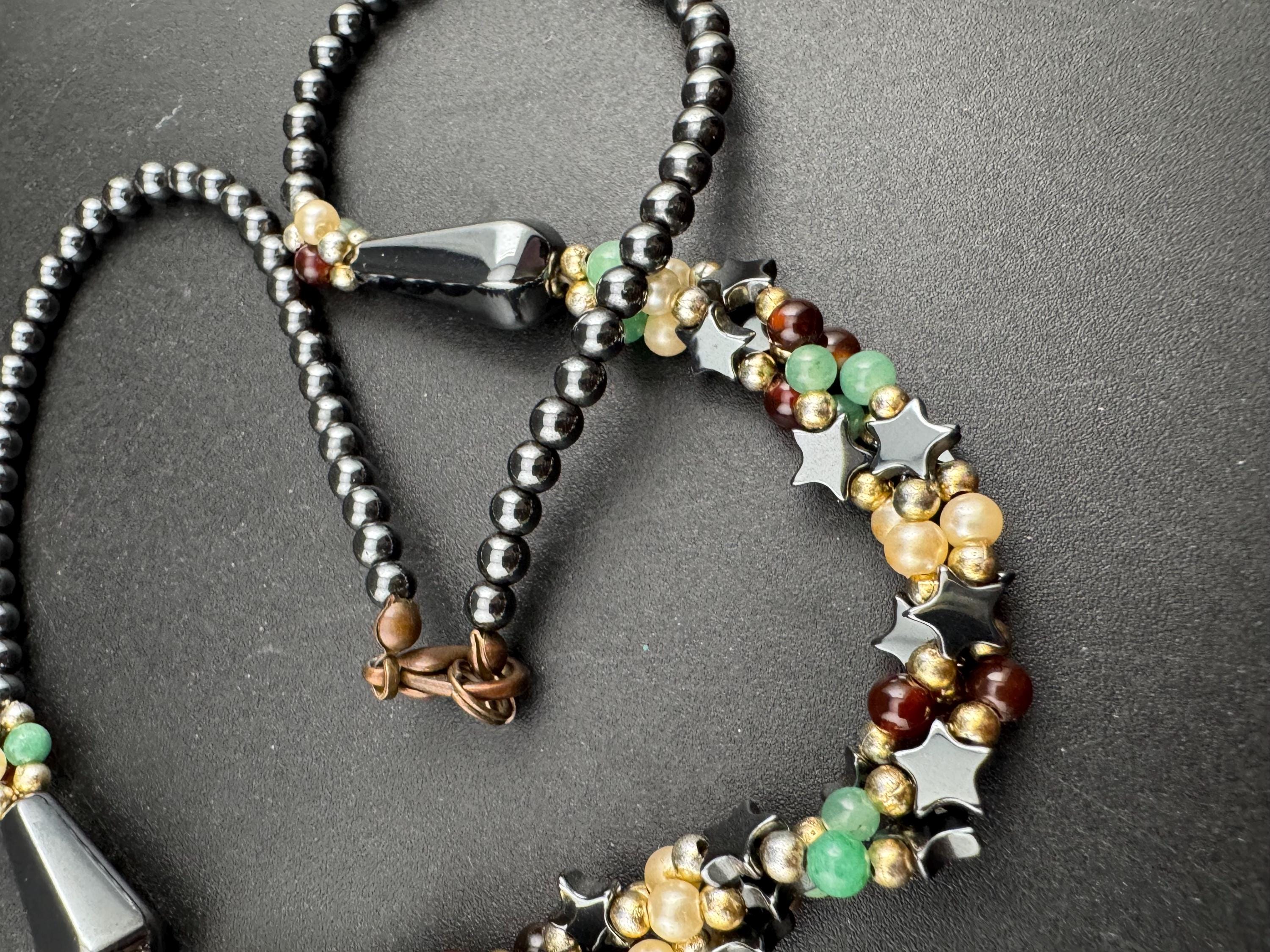 vintage mixed gemstone beaded necklace with Hematite garnet and adventurine green beads