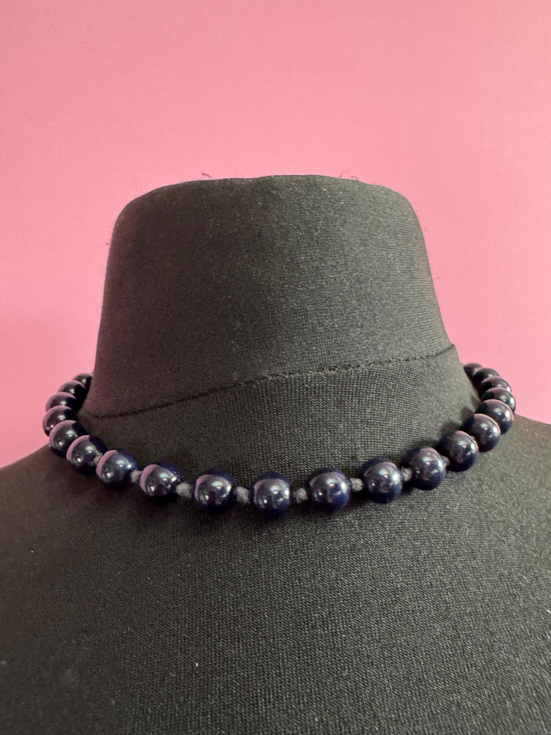 Vintage dark navy blue gemstone  beaded collar necklace mid century