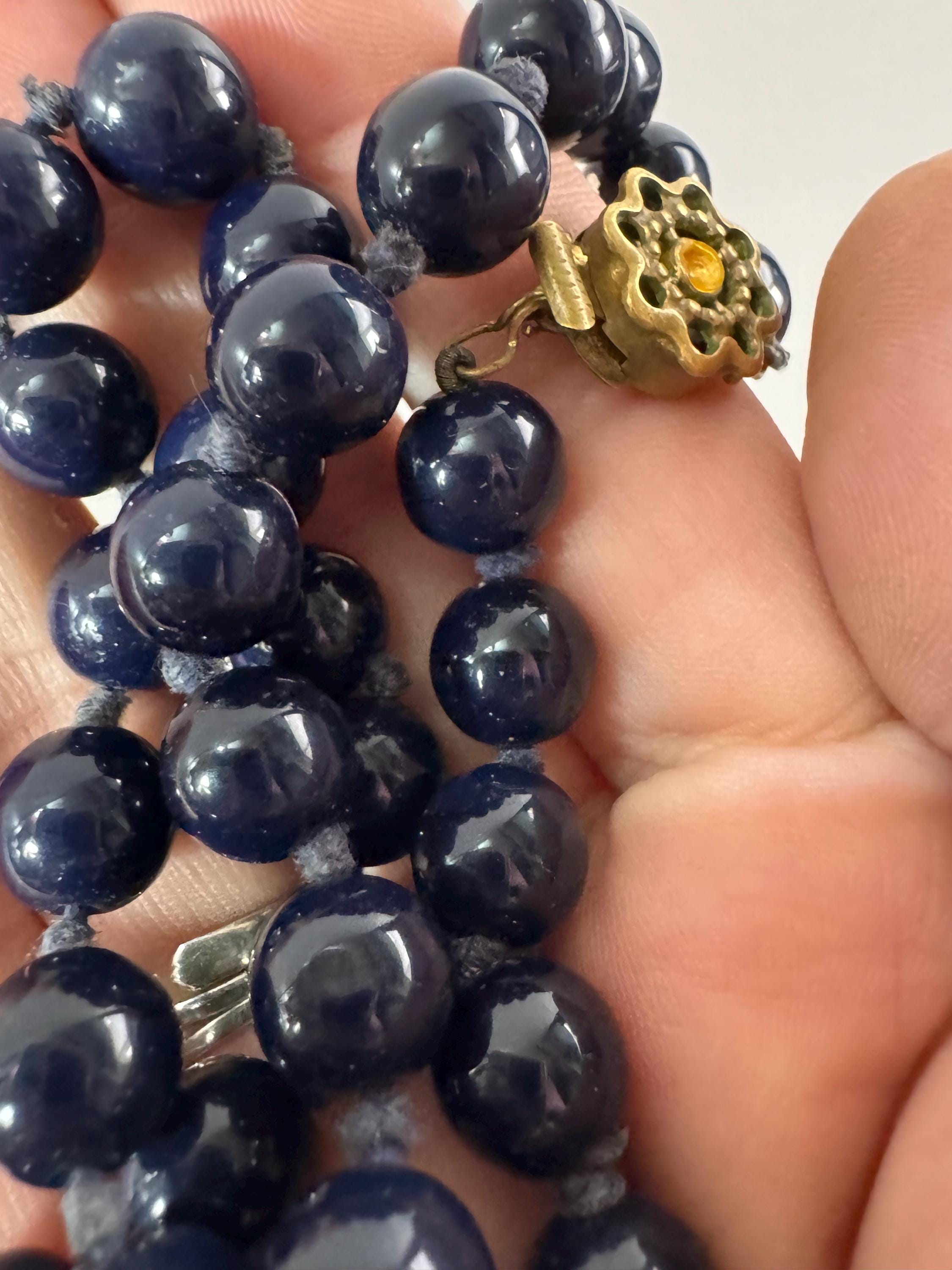 Vintage dark navy blue gemstone  beaded collar necklace mid century
