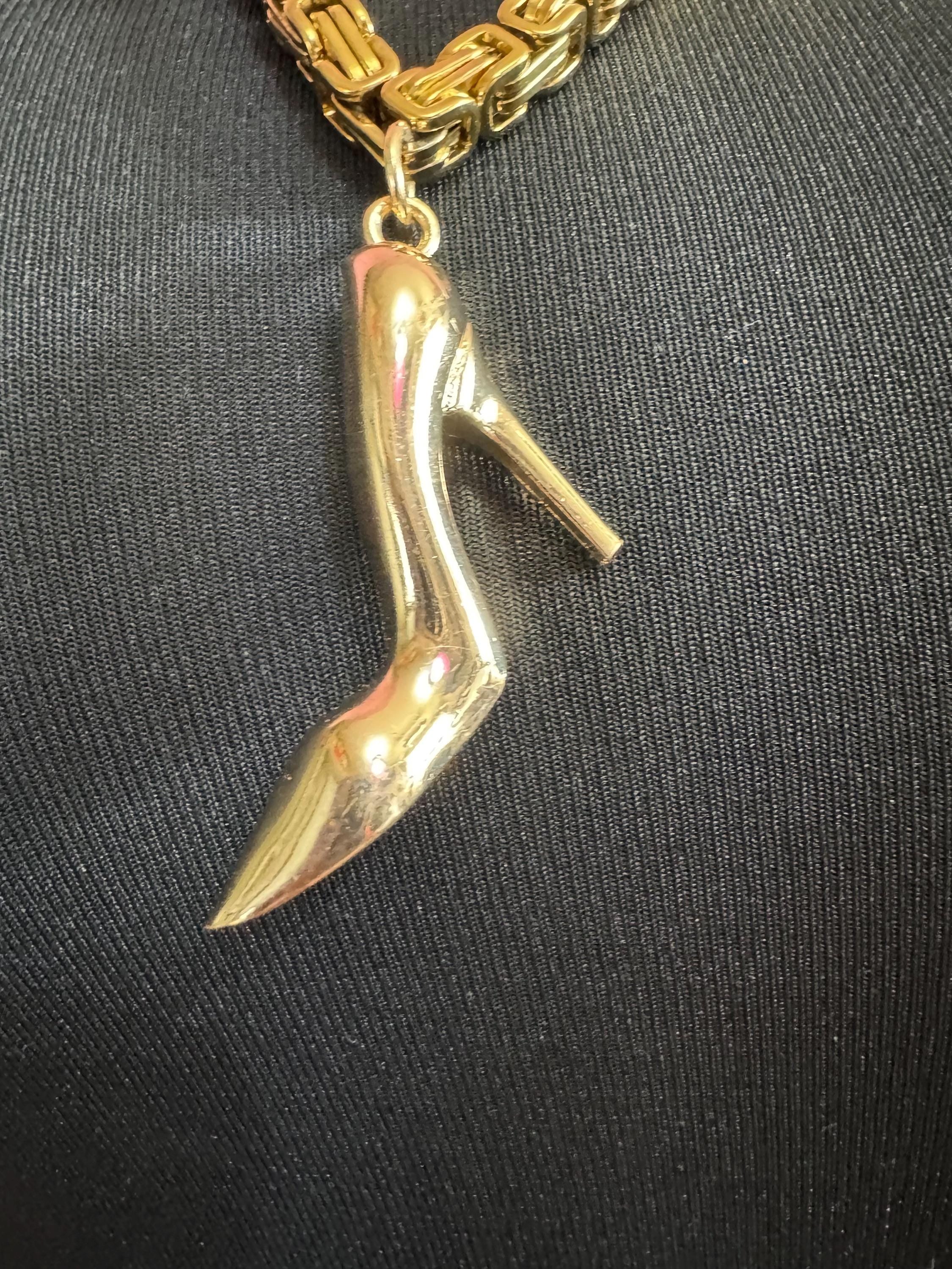 Quirky retro long beaded natural gemstone necklace with a gold stiletto heel pendant 72cm