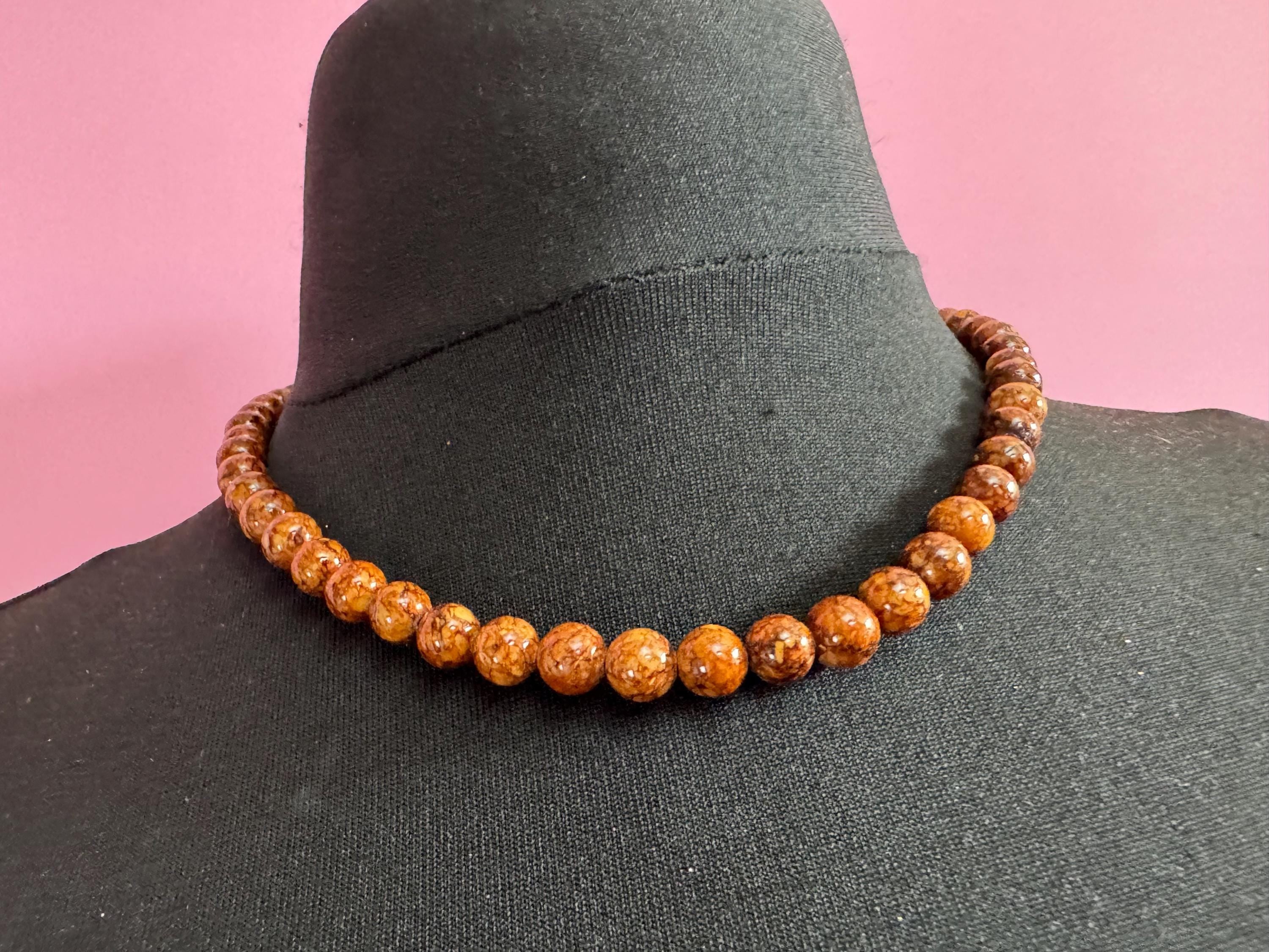 Vintage brown Beaded collar Necklace natural gemstone agate beads 47cm