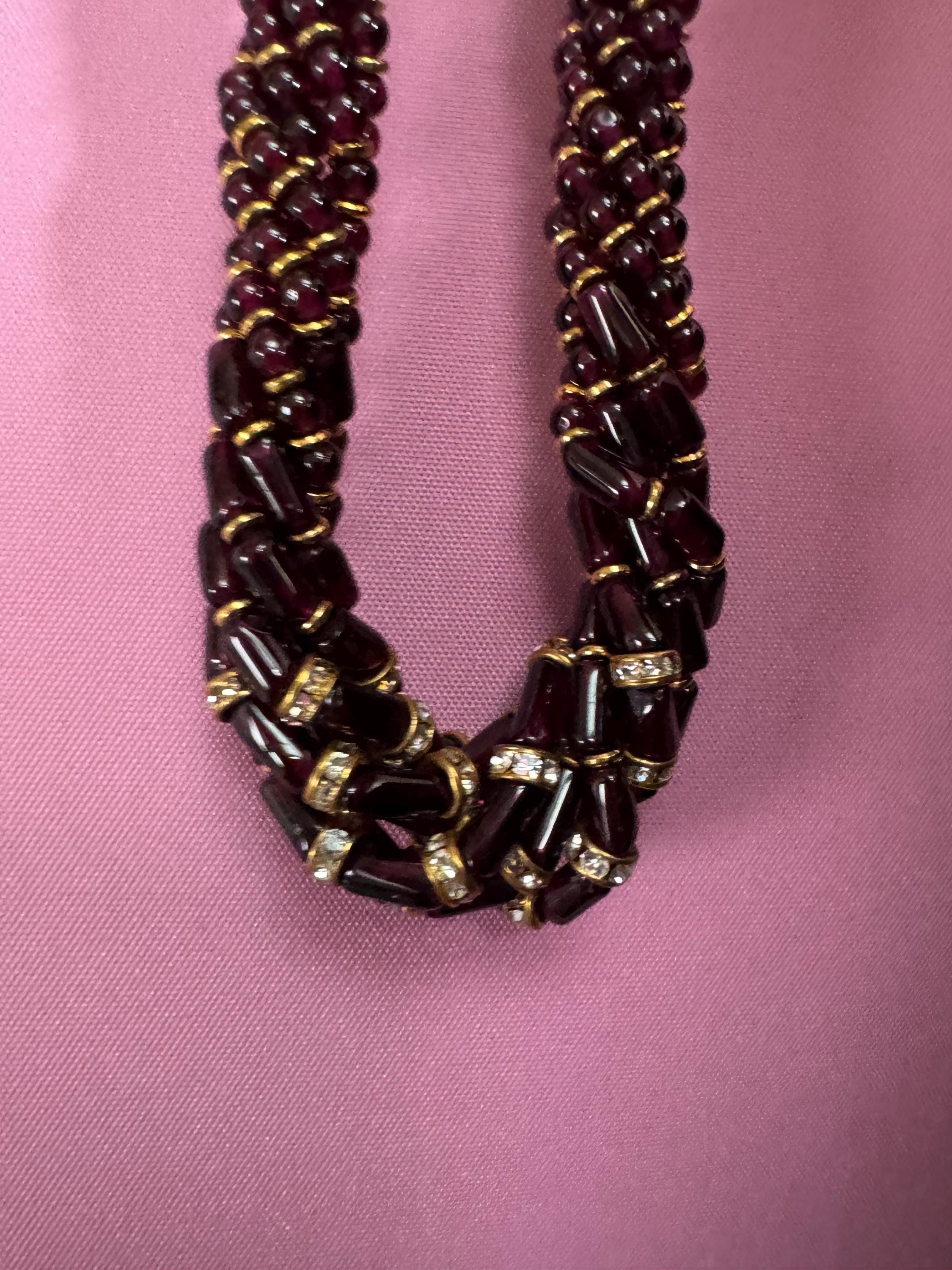 Retro natural garnet red purple gemstone beaded choker necklace 42cm set with clear diamanté
