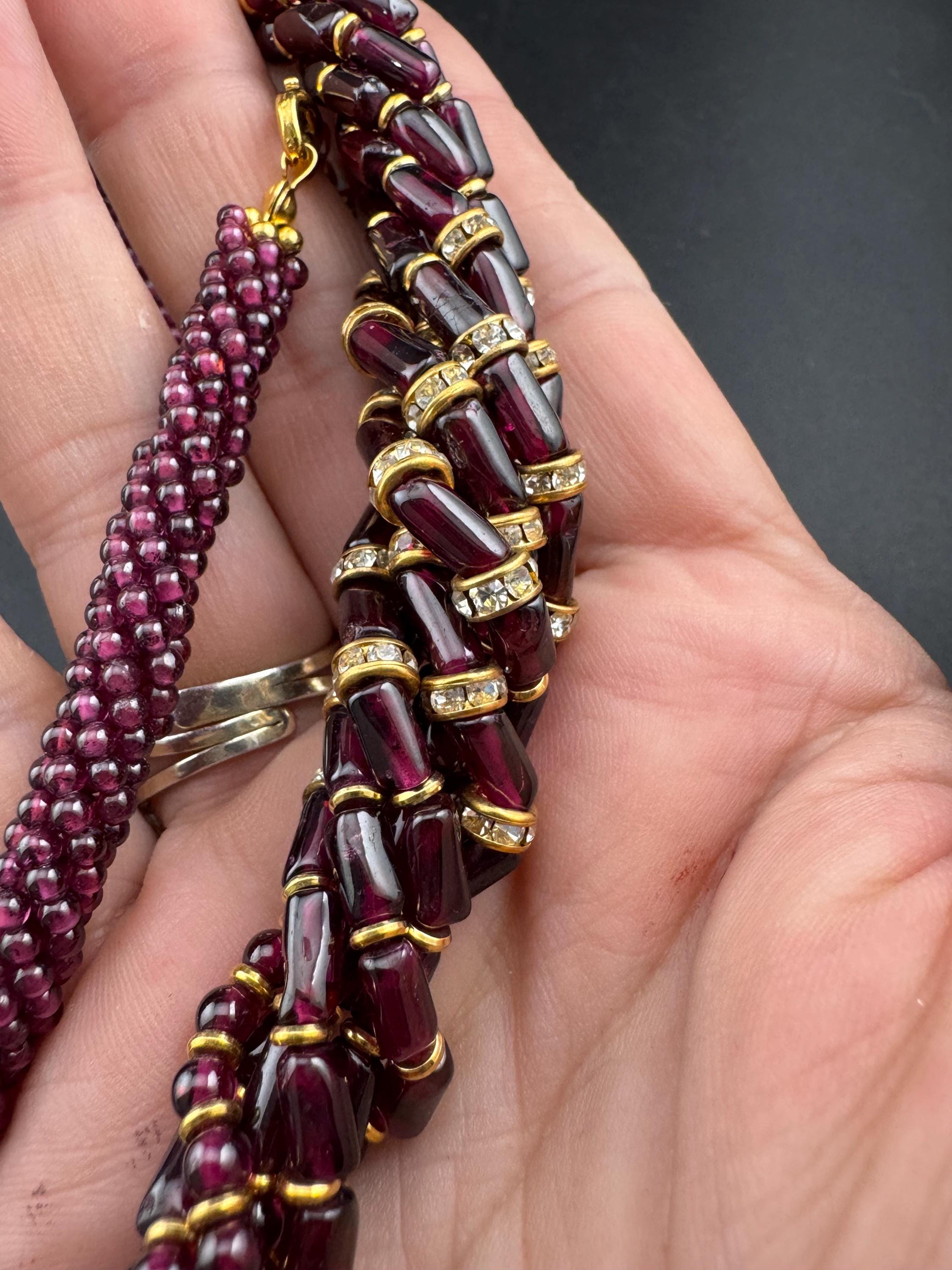 Retro natural garnet red purple gemstone beaded choker necklace 42cm set with clear diamanté