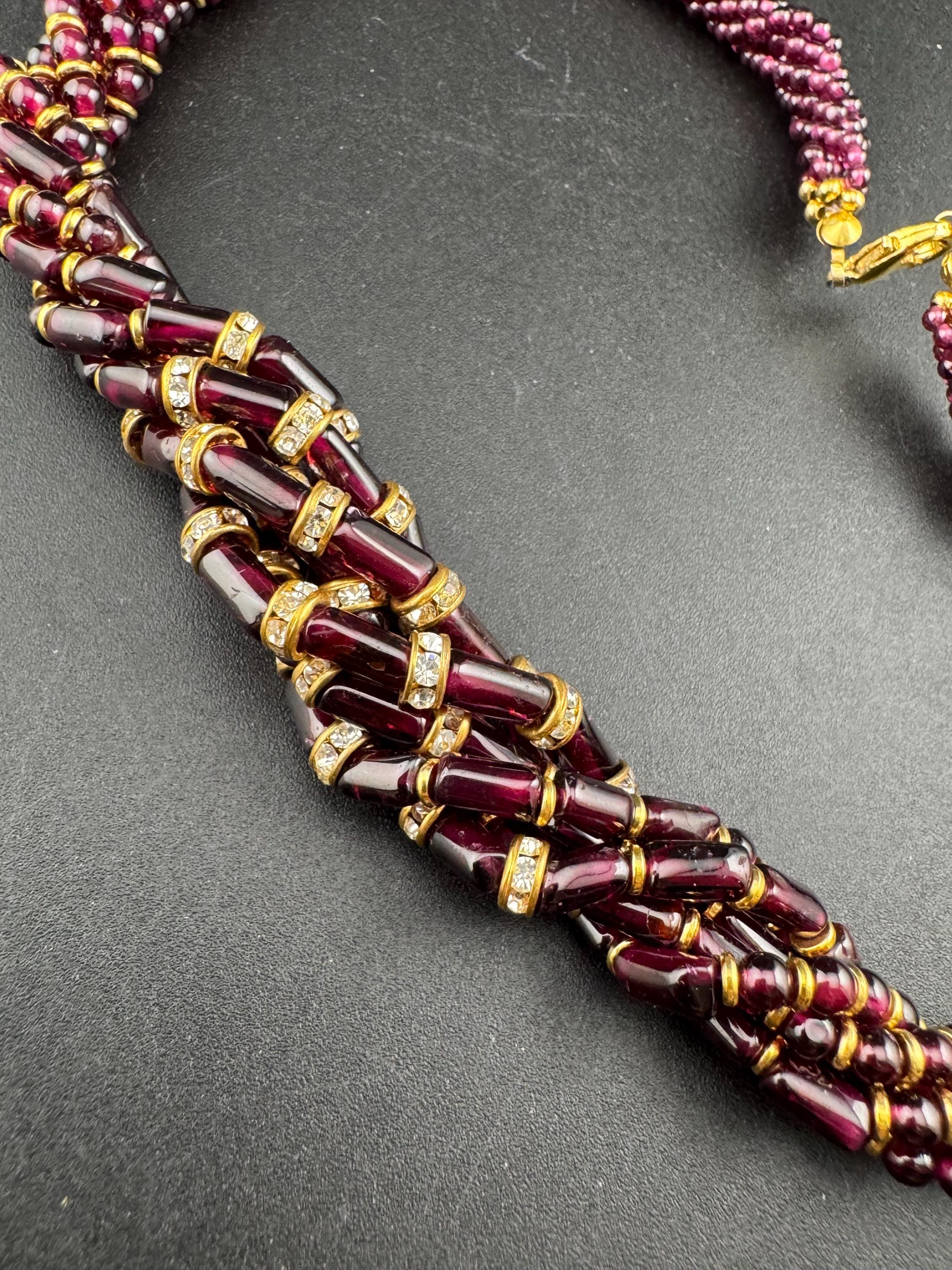 Retro natural garnet red purple gemstone beaded choker necklace 42cm set with clear diamanté