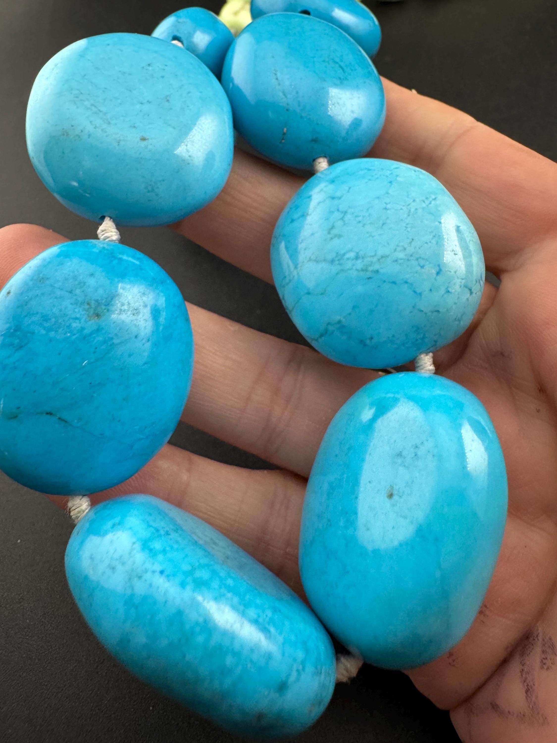 Vintage oversized old turquoise agate gemstone beaded long necklace, blue and green