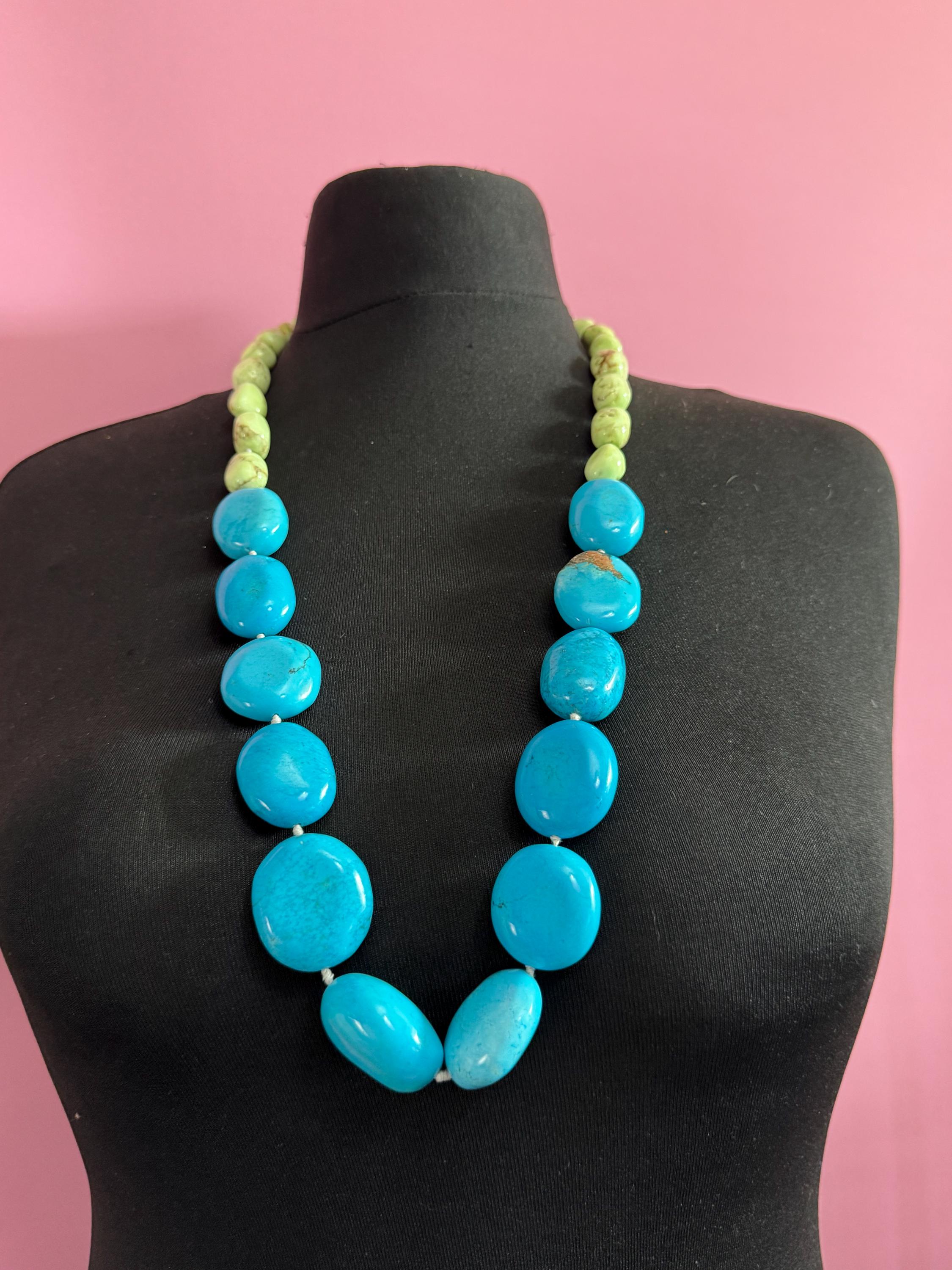 Vintage oversized old turquoise agate gemstone beaded long necklace, blue and green