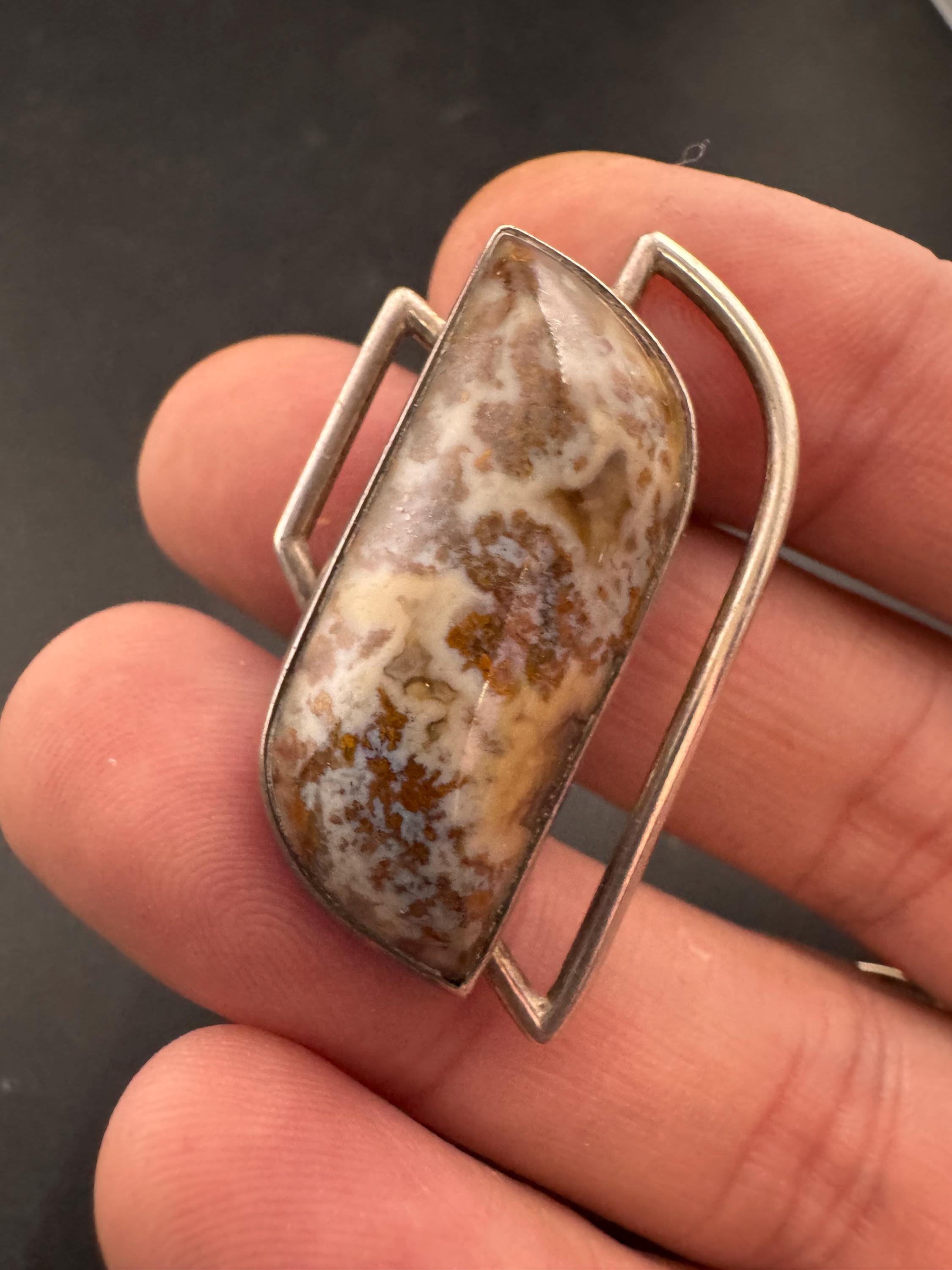 Signed FF Sterling Vintage brown agate modernist gemstone brooch 925 silver 10.4 grams