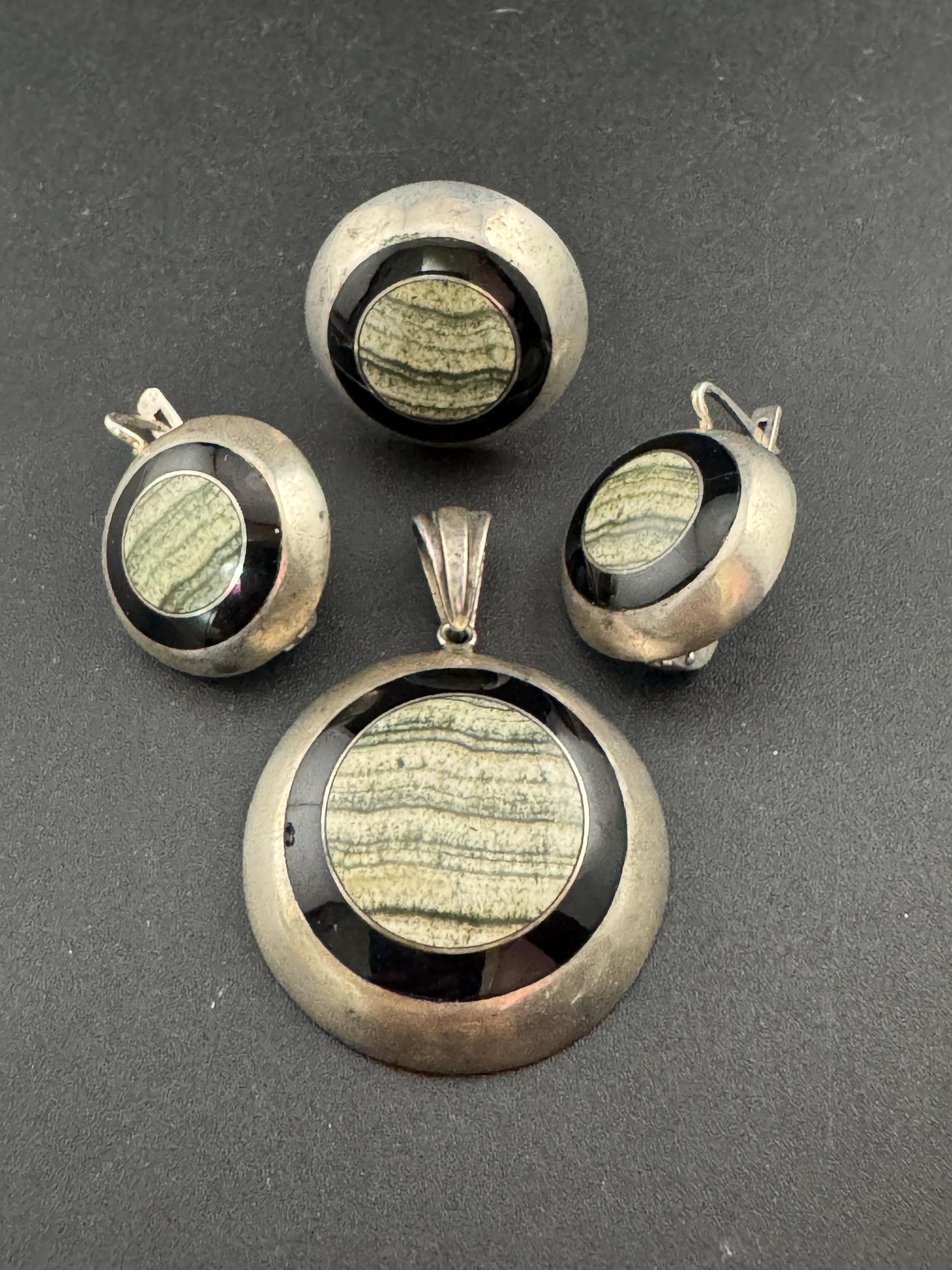 Vintage Artisan Agate Jewelry Set: Solid Silver Ring, Pendant & Earrings