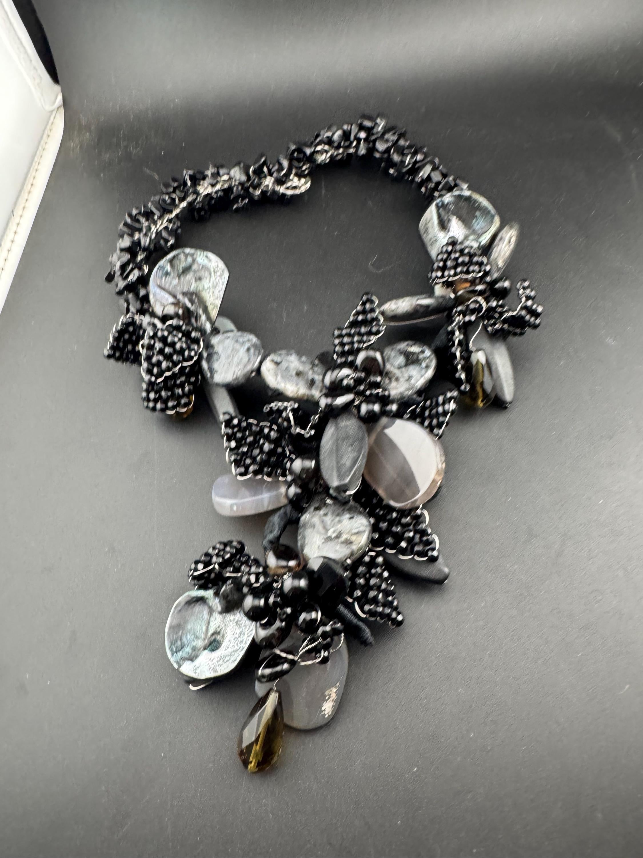 retro designer Vilaiwan jewelry natural gemstone shell and glass black beaded oversized necklace, showstopper runway fashion