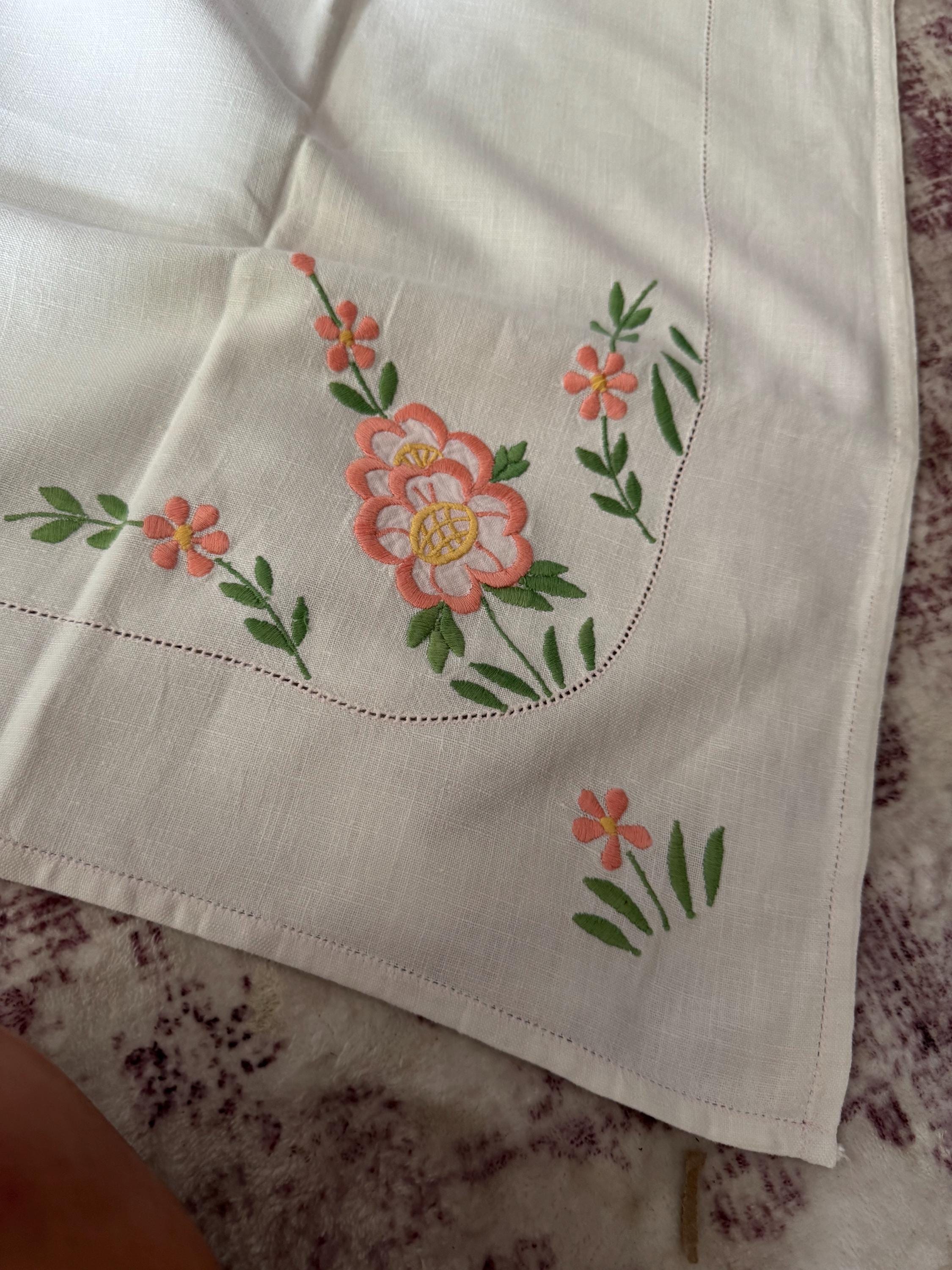 vintage 85cm square embroidered tablecloth , mid century tablecloths with orange green embroidery