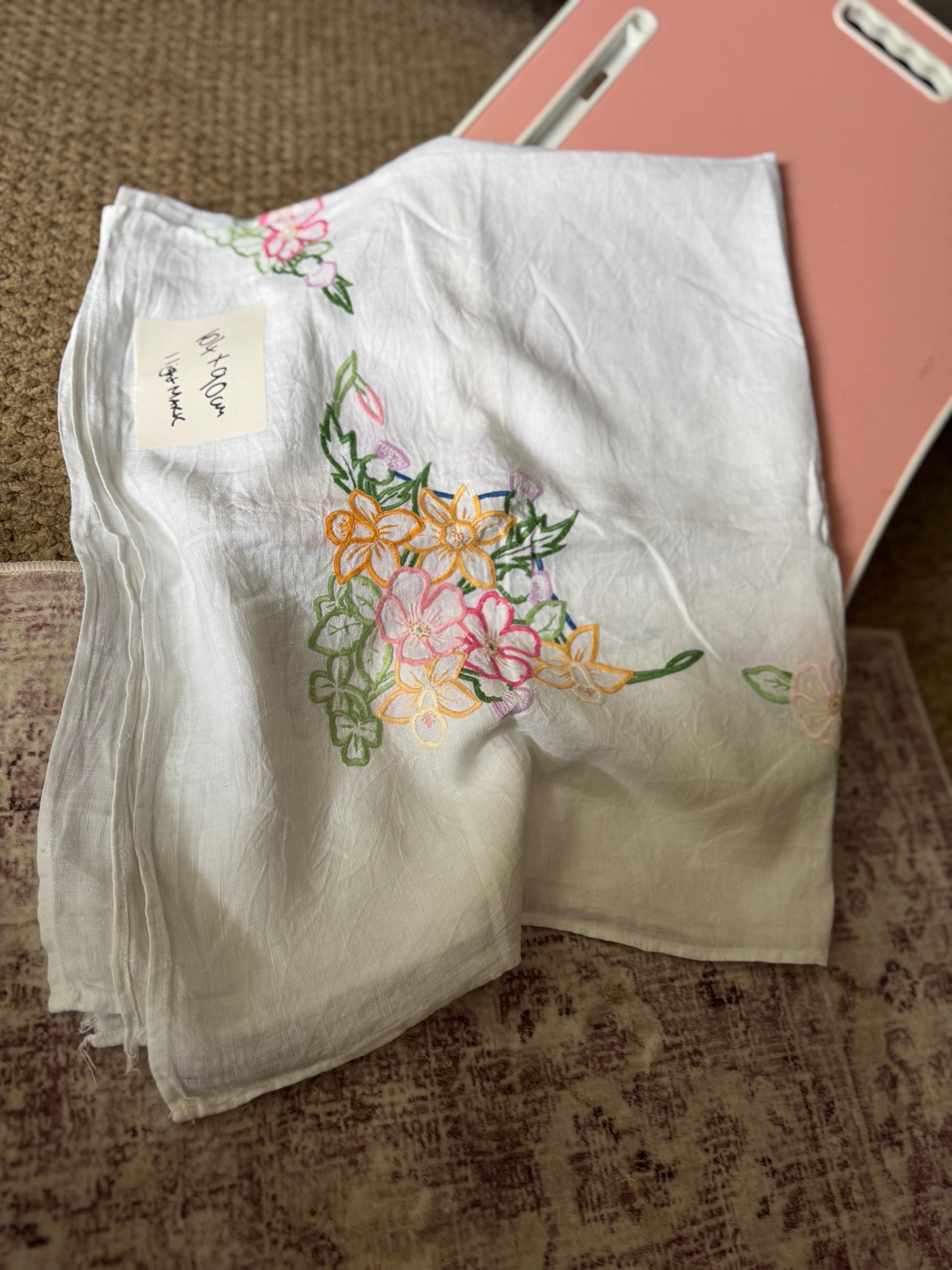 vintage 104 x 90 cm rectangular embroidered applique floral tablecloth , mid century tablecloths with pastel pink purple embroidery