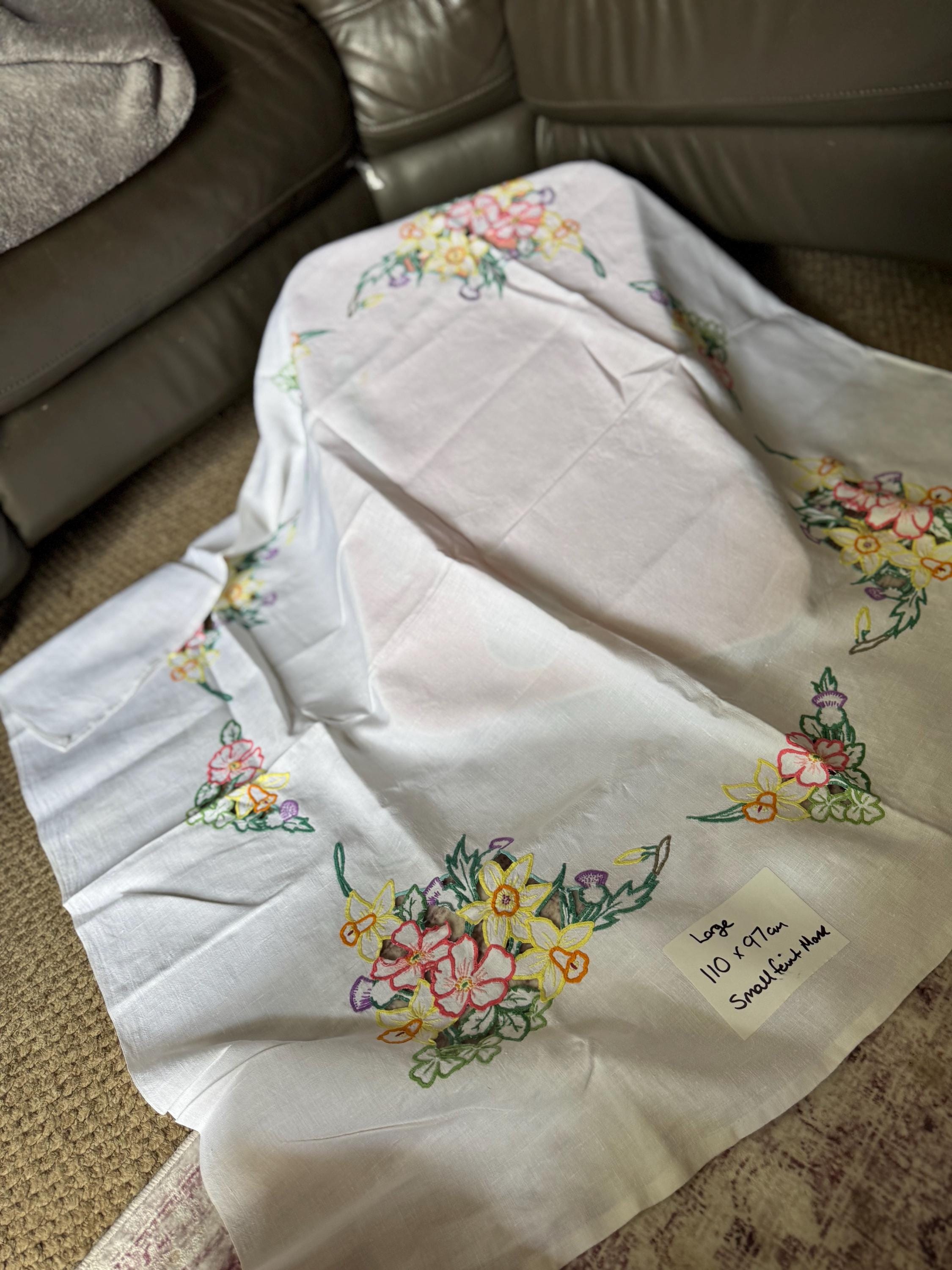 Vintage Embroidered Floral Tablecloth: Mid-Century UK Embroidery