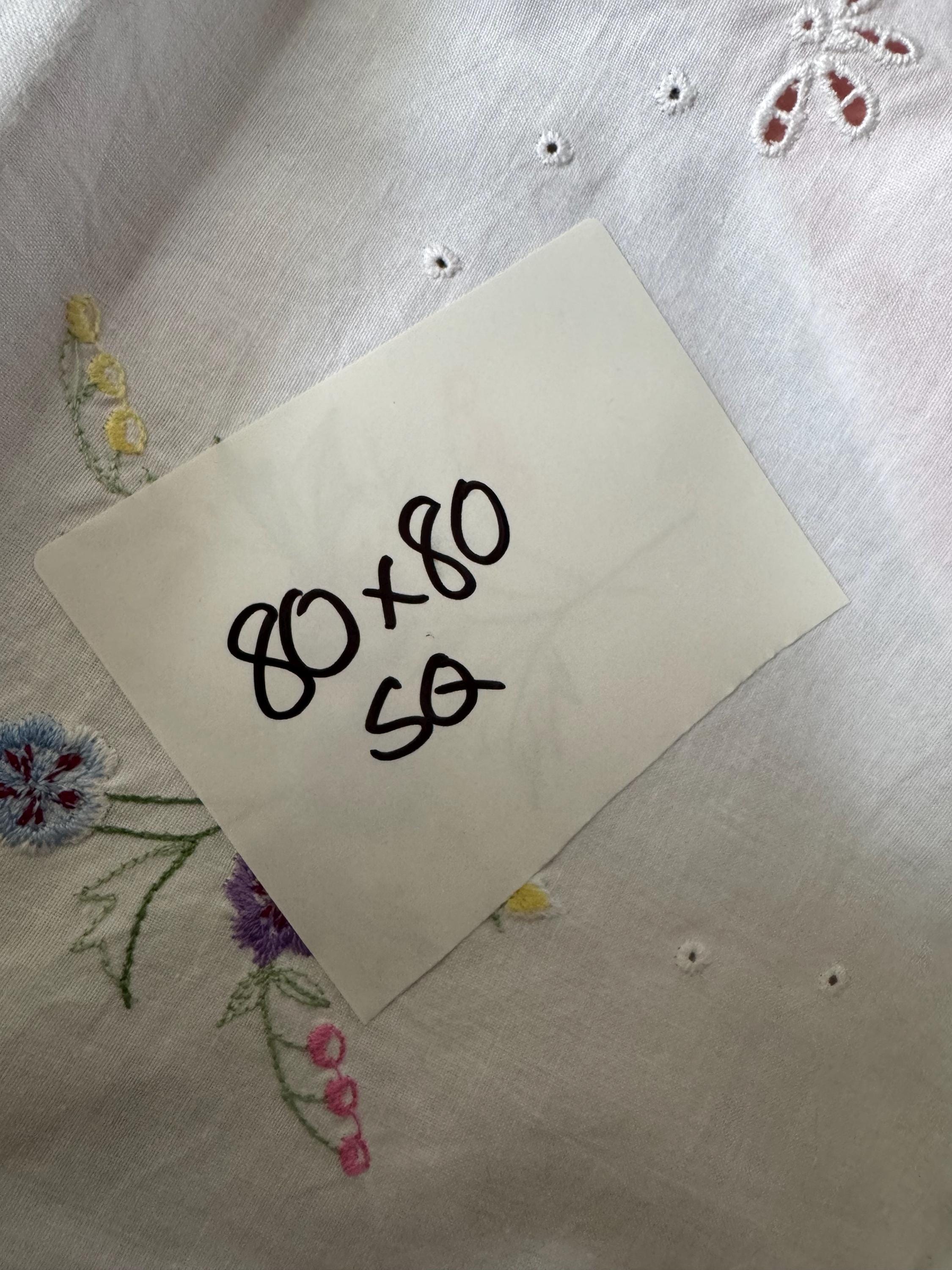 vintage 80cm square floral embroidered tablecloth , mid century tablecloths with purple blue green embroidery