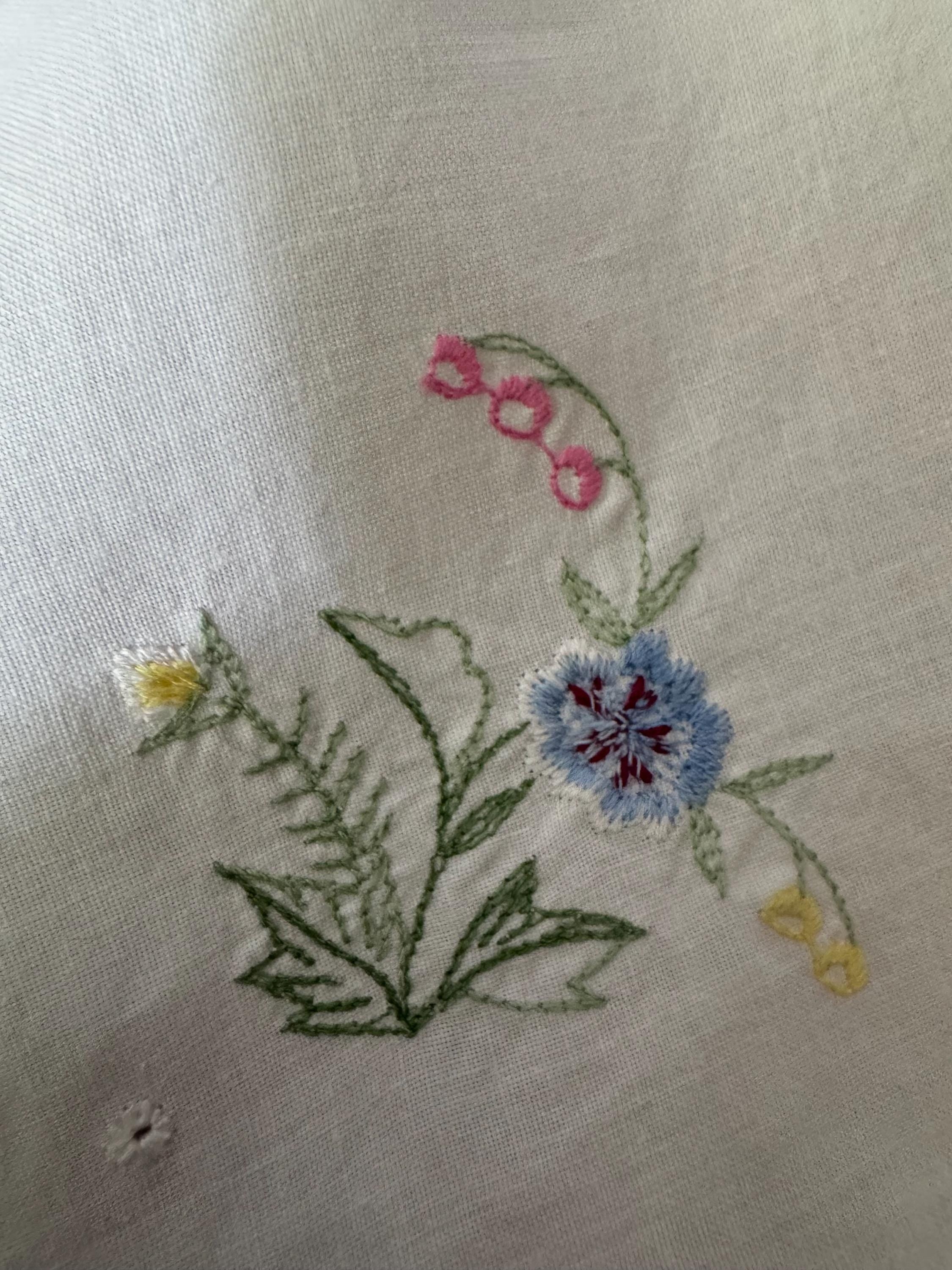 vintage 80cm square floral embroidered tablecloth , mid century tablecloths with purple blue green embroidery