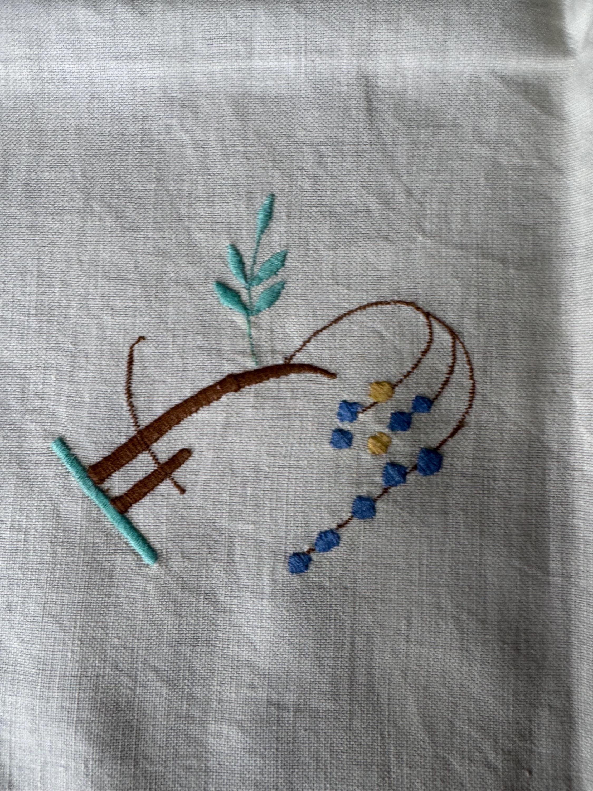 86cm square cream blue brown Chinese tree embroidered cotton  tablecloth cottage , Chinese Japanese decor