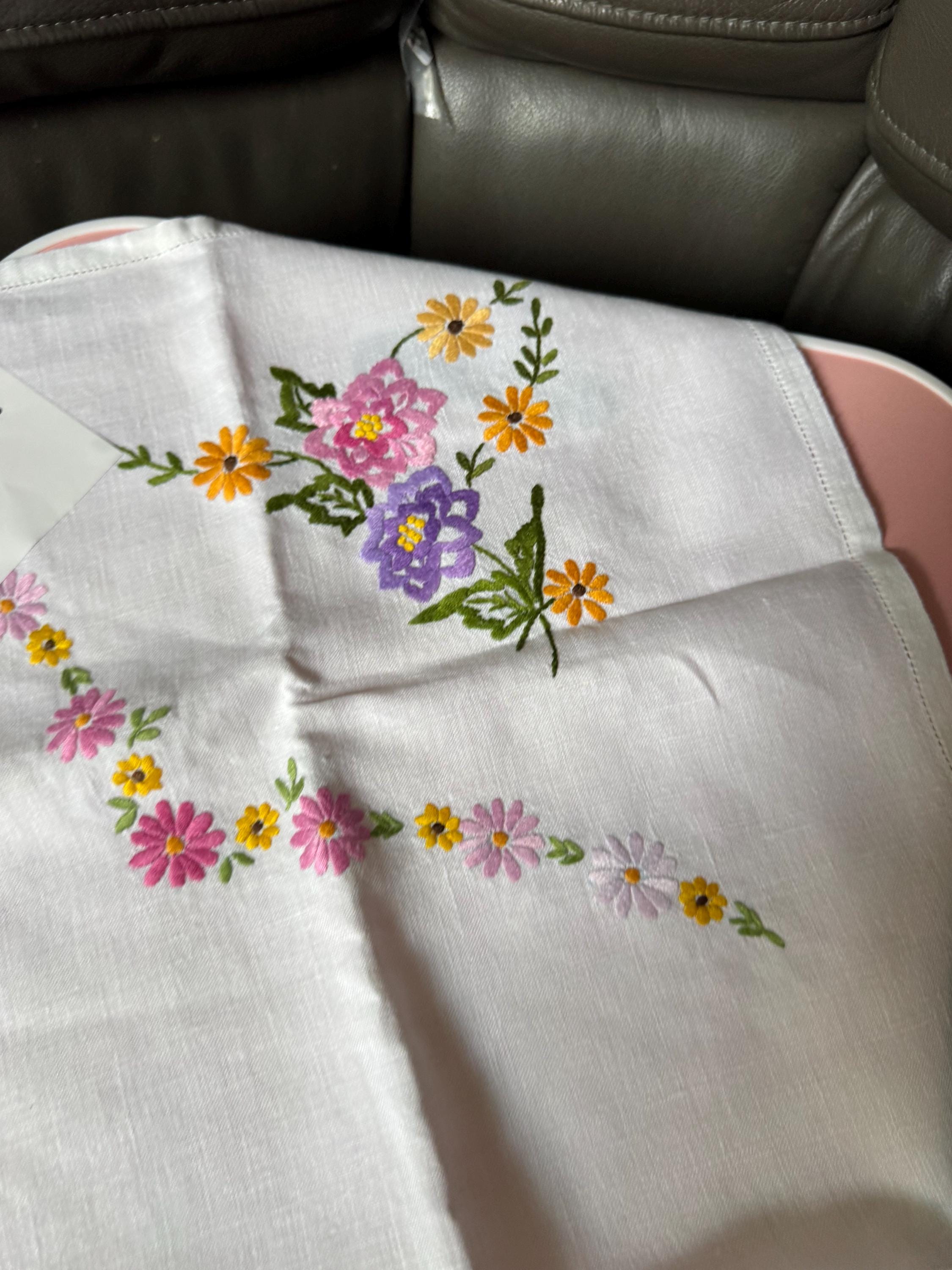 Vintage Embroidered Floral Tablecloth: Pastel Pink, Green & Yellow