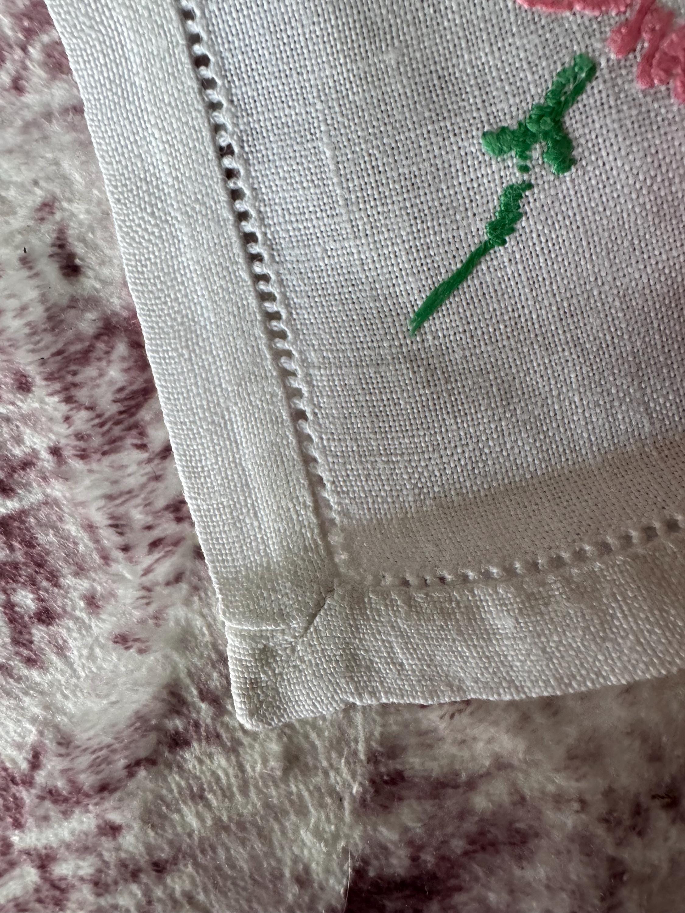 vintage 95cm square pink green floral embroidered linen tablecloth , mid century tablecloths , embroidery work