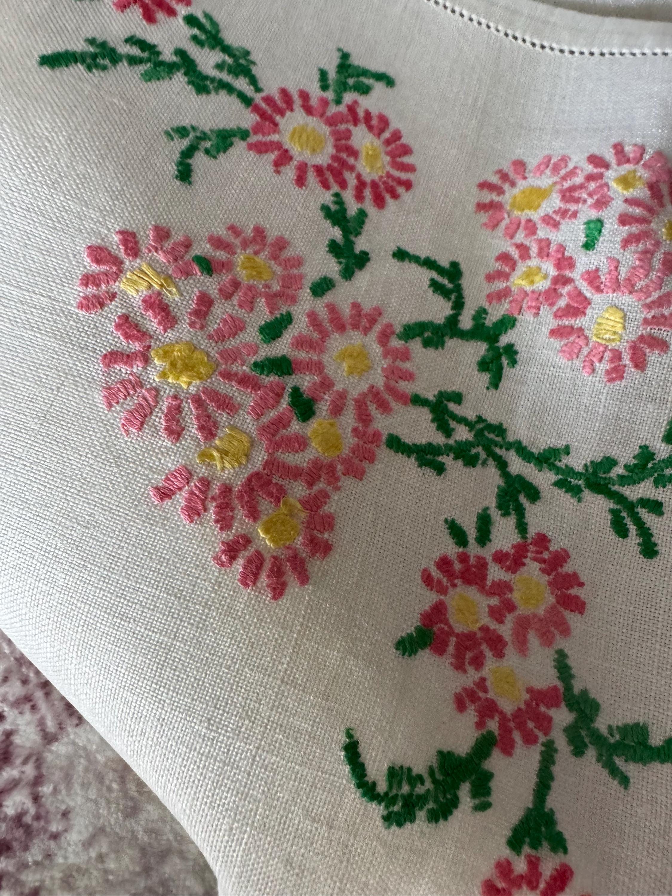 vintage 95cm square pink green floral embroidered linen tablecloth , mid century tablecloths , embroidery work