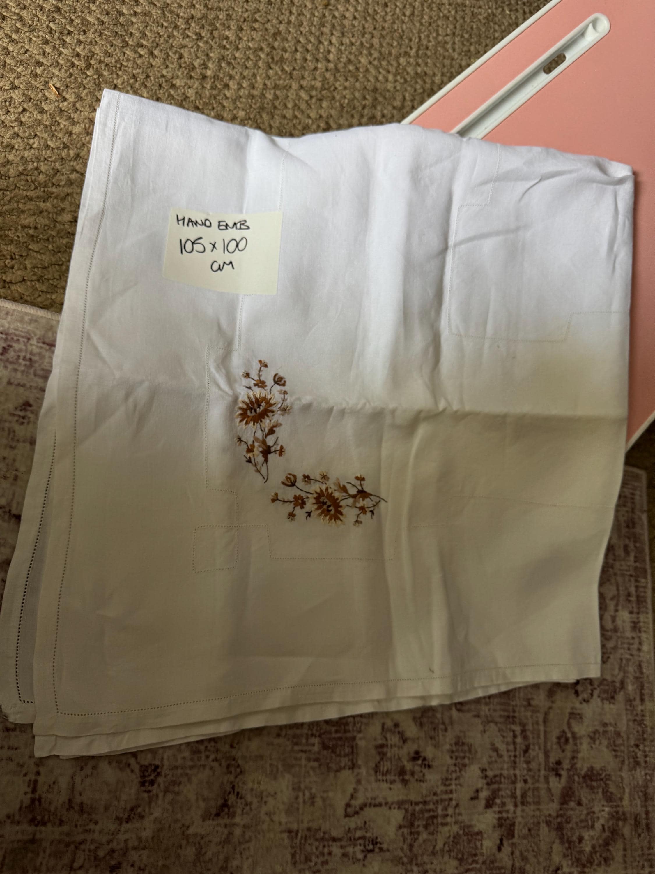 Hand Embroidered Floral Tablecloth: Vintage Linen (105x100cm)