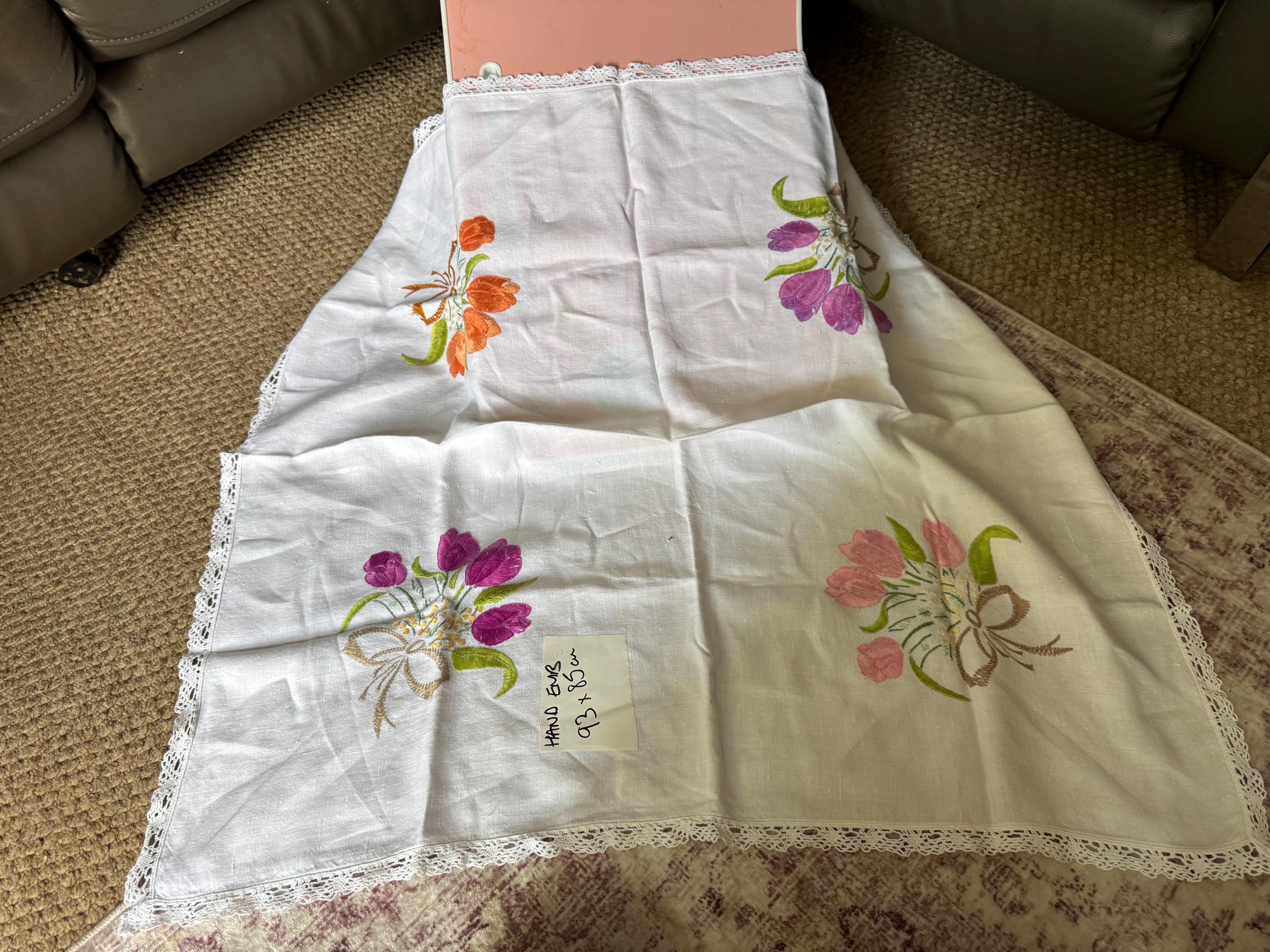 Hand Embroidered Floral Tablecloth: Vintage Tulip Design