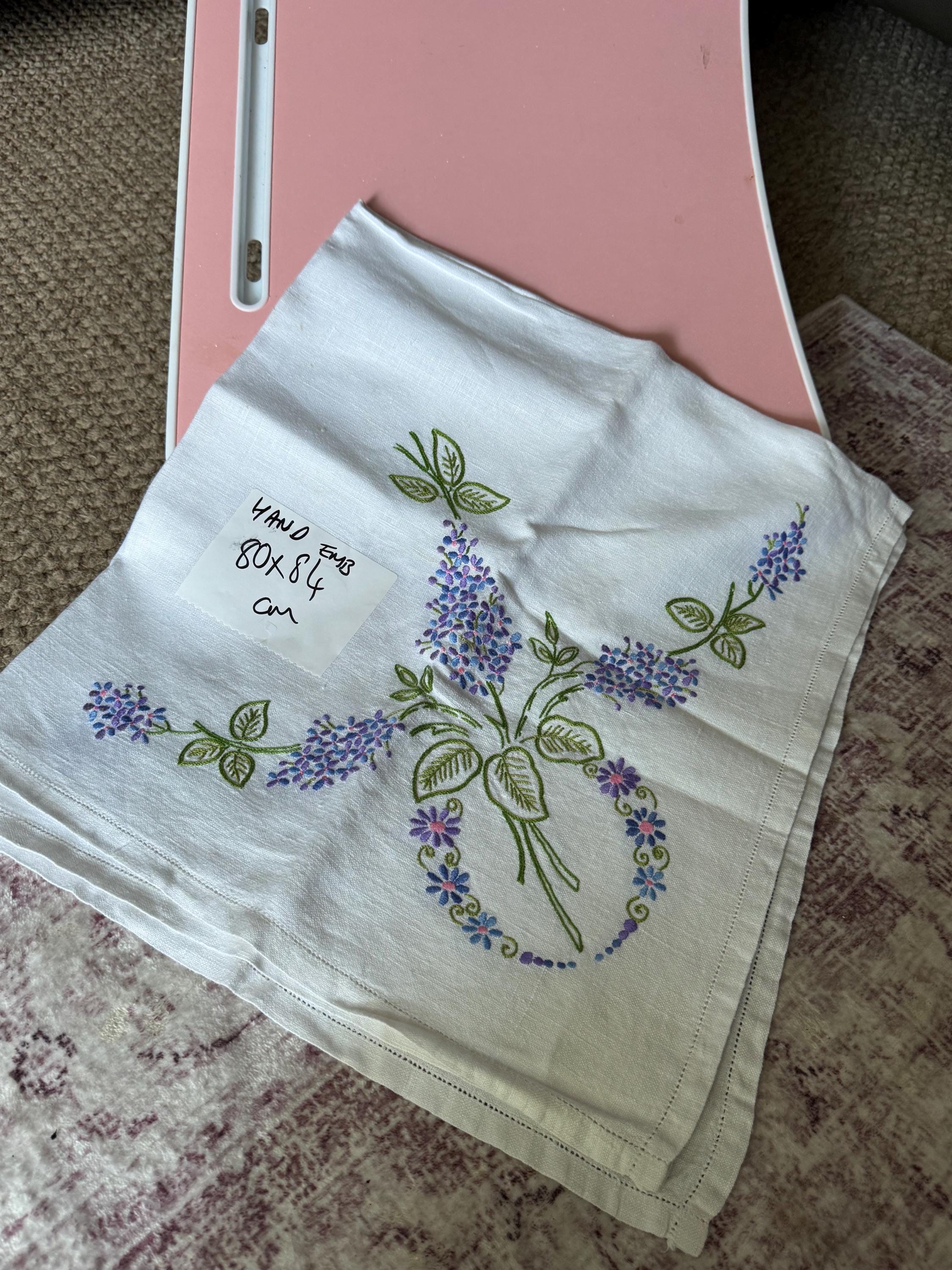 Hand Embroidered Floral Tablecloth: Vintage Cottagecore Linen (80x84cm
